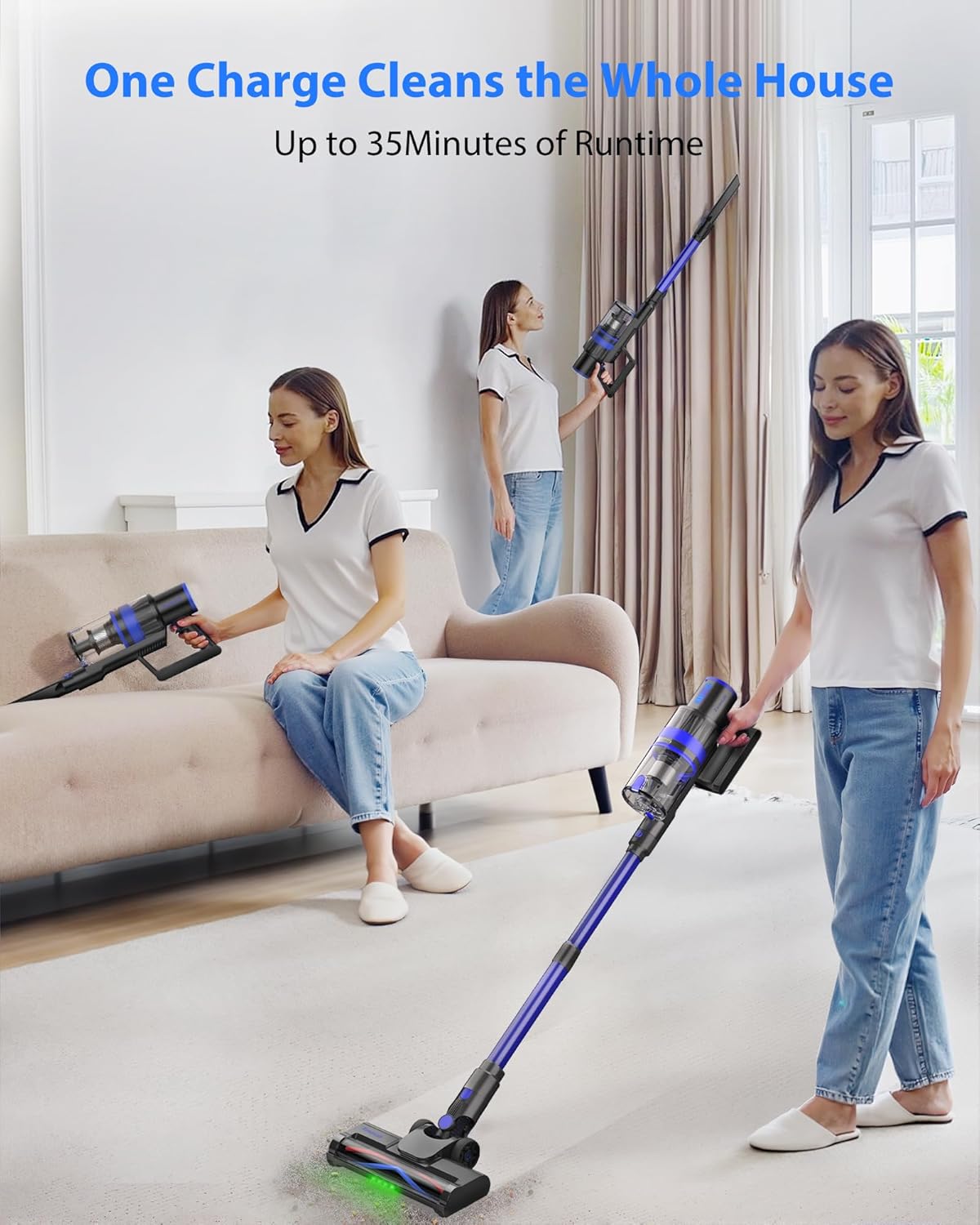 Cordless Vacuum Cleaner, 45KPA Stick Vacuum Cleaners for Home, 6-in-1 Rechargeable Lightweight Vacuum, Up to 35Mins Runtime, with Powerful Suction for Carpets, Pet Hair, Hardwood Floors