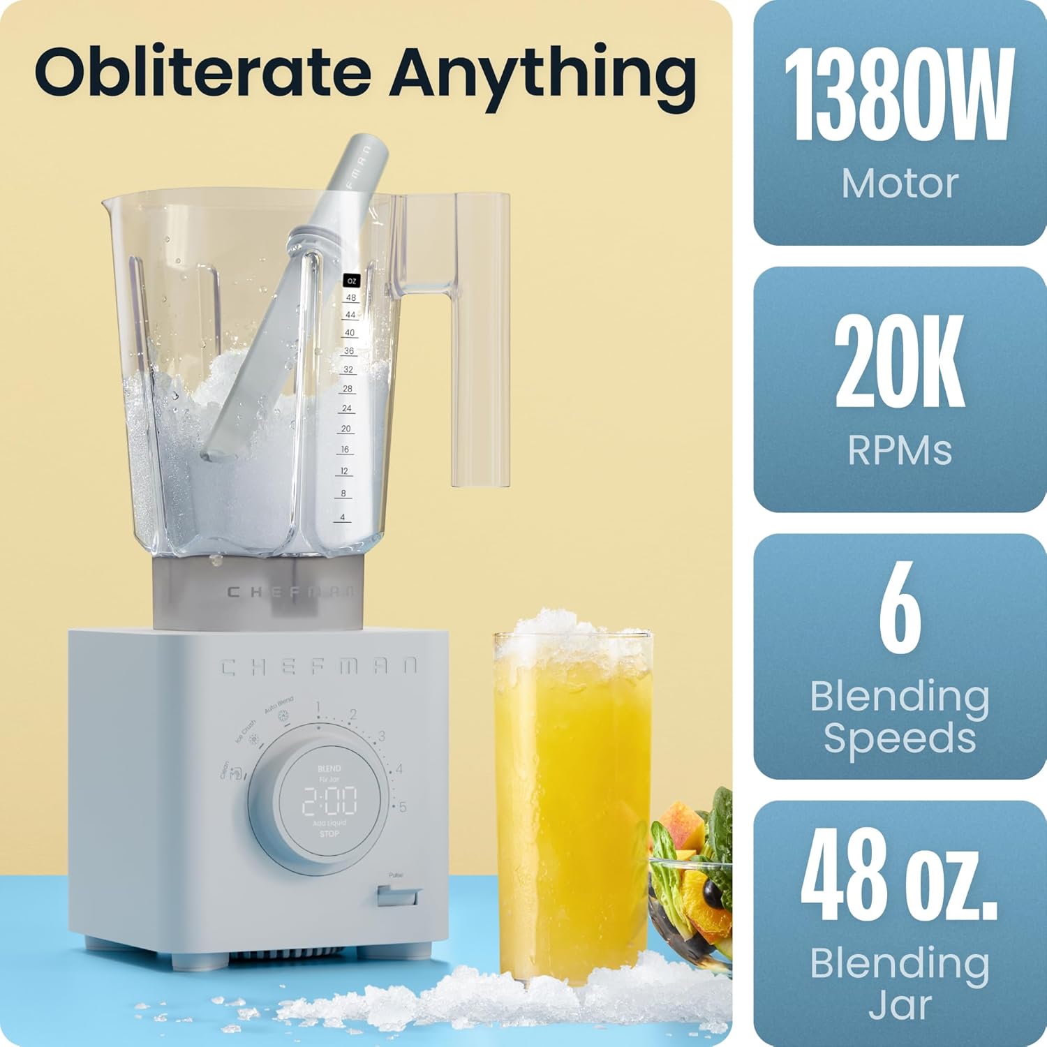 Chefman Obliterator 48 oz Countertop Blender for Smoothies, 1380W Motor to Crush Ice, Nuts, and Frozen Fruit with Stainless Steel Blade, Auto Blend Function, Includes 20 oz Travel Jar