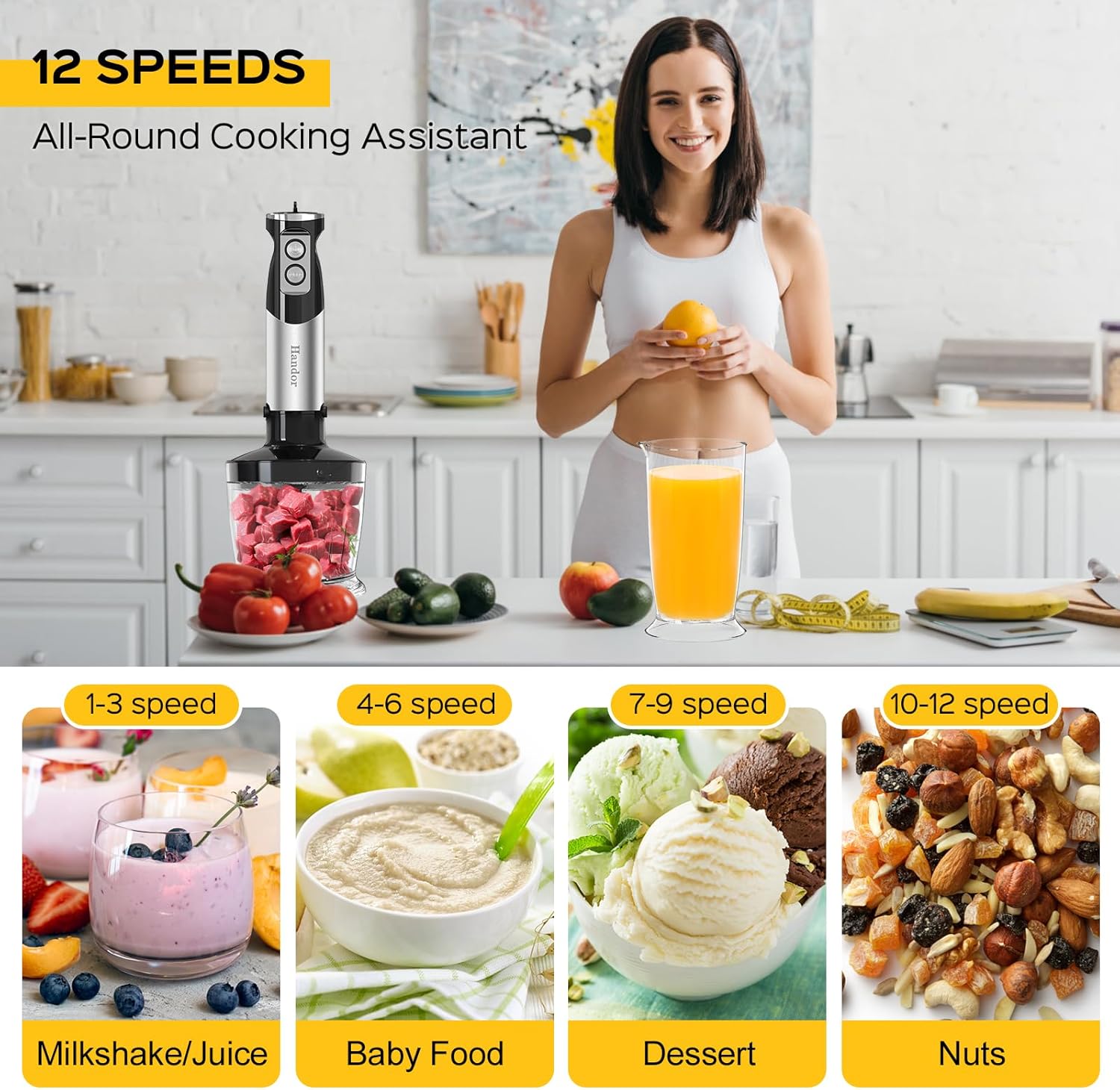 1000W 6-in-1 Immersion Blender Handheld, 12 Speed Hand Blender with 600ml Mixing Beaker, 500ml Chopper, 304 Stainless Steel Blades, Whisk, Milk Frother For Soup, Smoothie, Sauce, Pureel