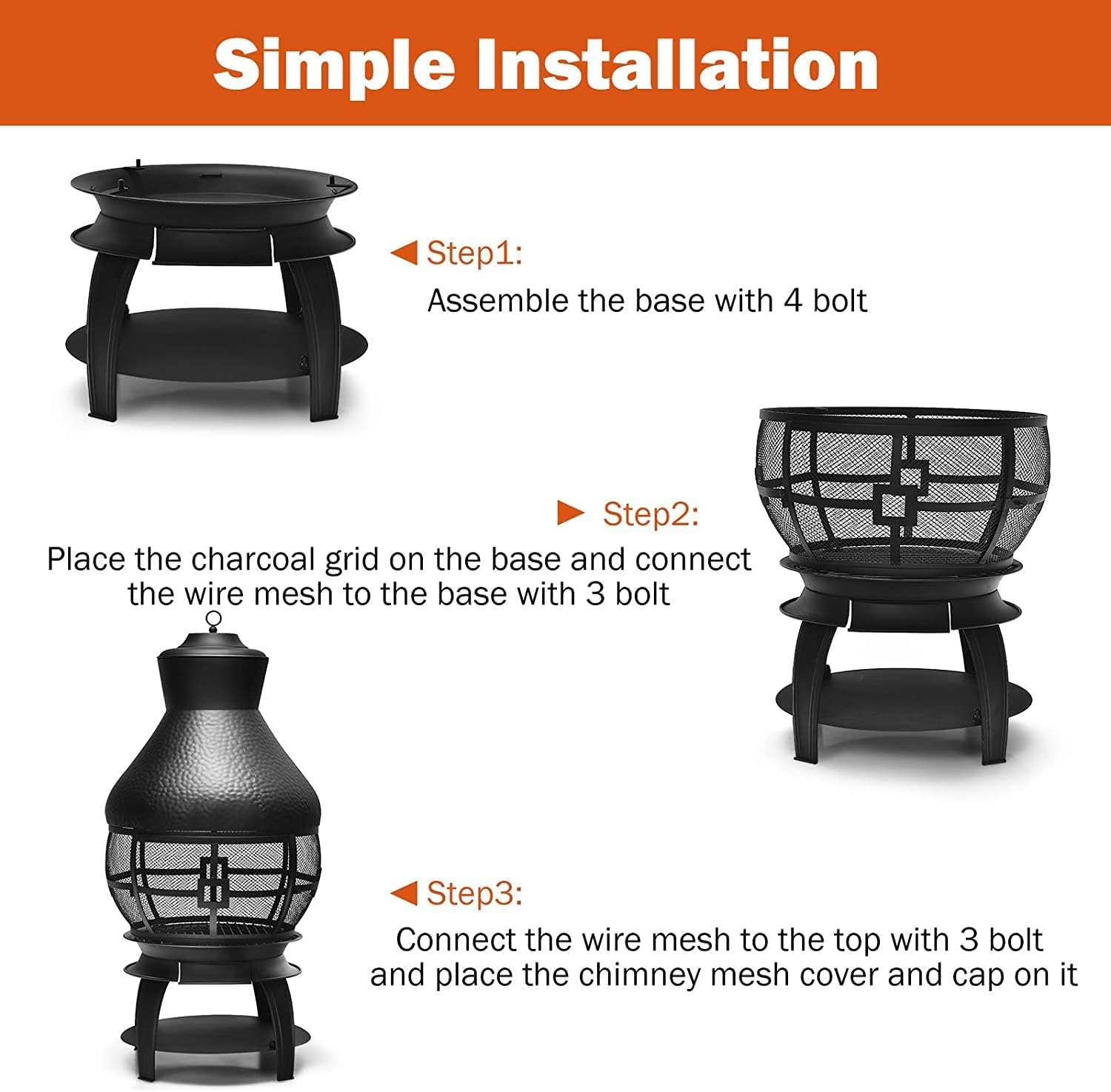 SAFSTAR Outdoor Cast Iron Chiminea, Fireplace Wooden Chiminea Fire Pit w/Fire Poker, 360°Fire Retardant Mesh Cover, Patio Wood Burning Fire Pit