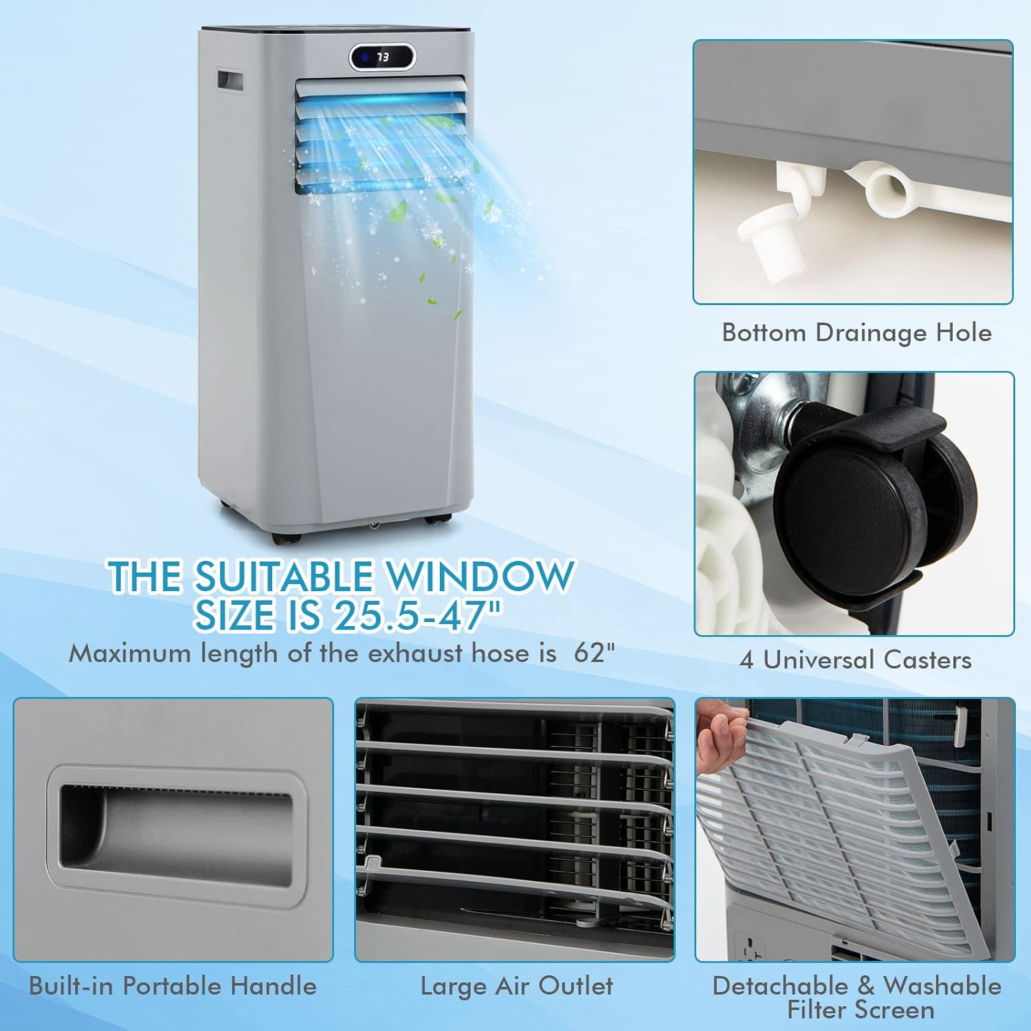 LDAILY Portable Air Conditioner, 8000 BTU for Rooms up to 230 sq.ft, 3-in-1 Evaporative Air Cooler w/Dehumidifying Fan & Remote Control, Sleep Mode, 24H Timer & LED Display (10000 BTU, Grey)