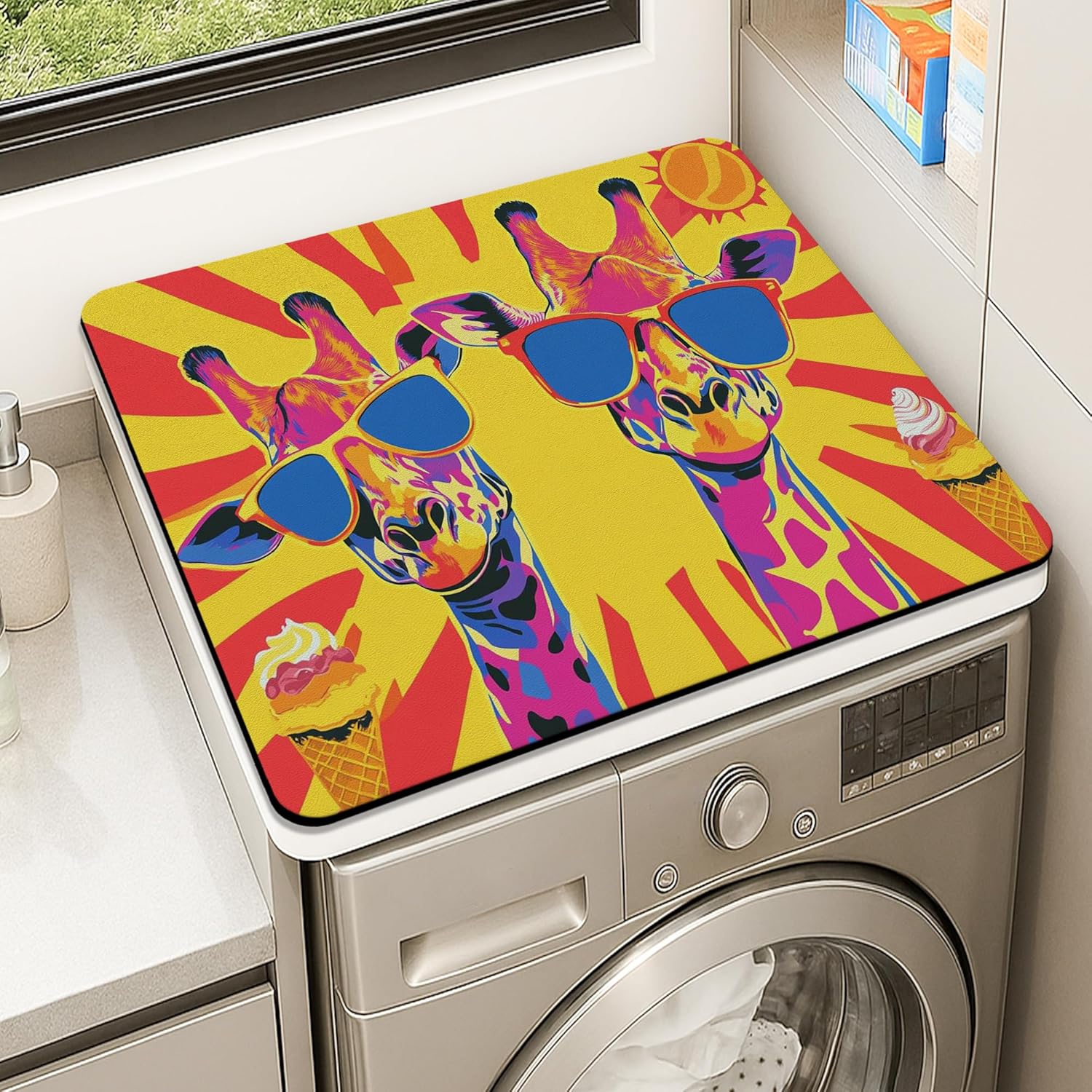 Vibrant Giraffe Washer Dryer Top Protector Mat, Colorful Pop Art Laundry Machine Dust Covers, Fun Summer Rubber Anti-slip Waterproof Mats for Laundry Room 24x24 Inch