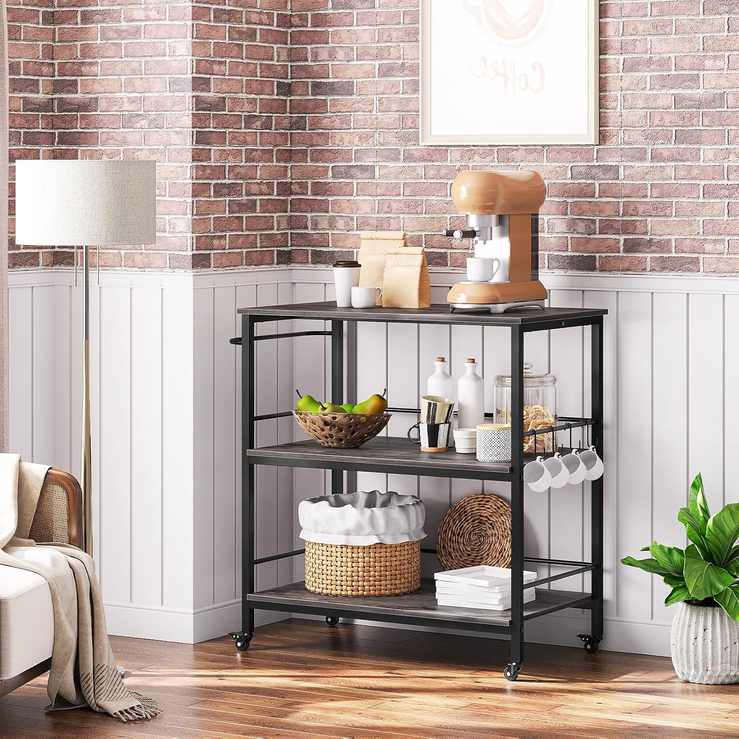 HOOBRO Kitchen Island with Storage,Industrial Kitchen Island on Wheels and Side Enclosures, 3 Tier Kitchen Cart with Large Workstation, Stable, Easy Assembly, Charcoal Gray and Black BC03ZD01