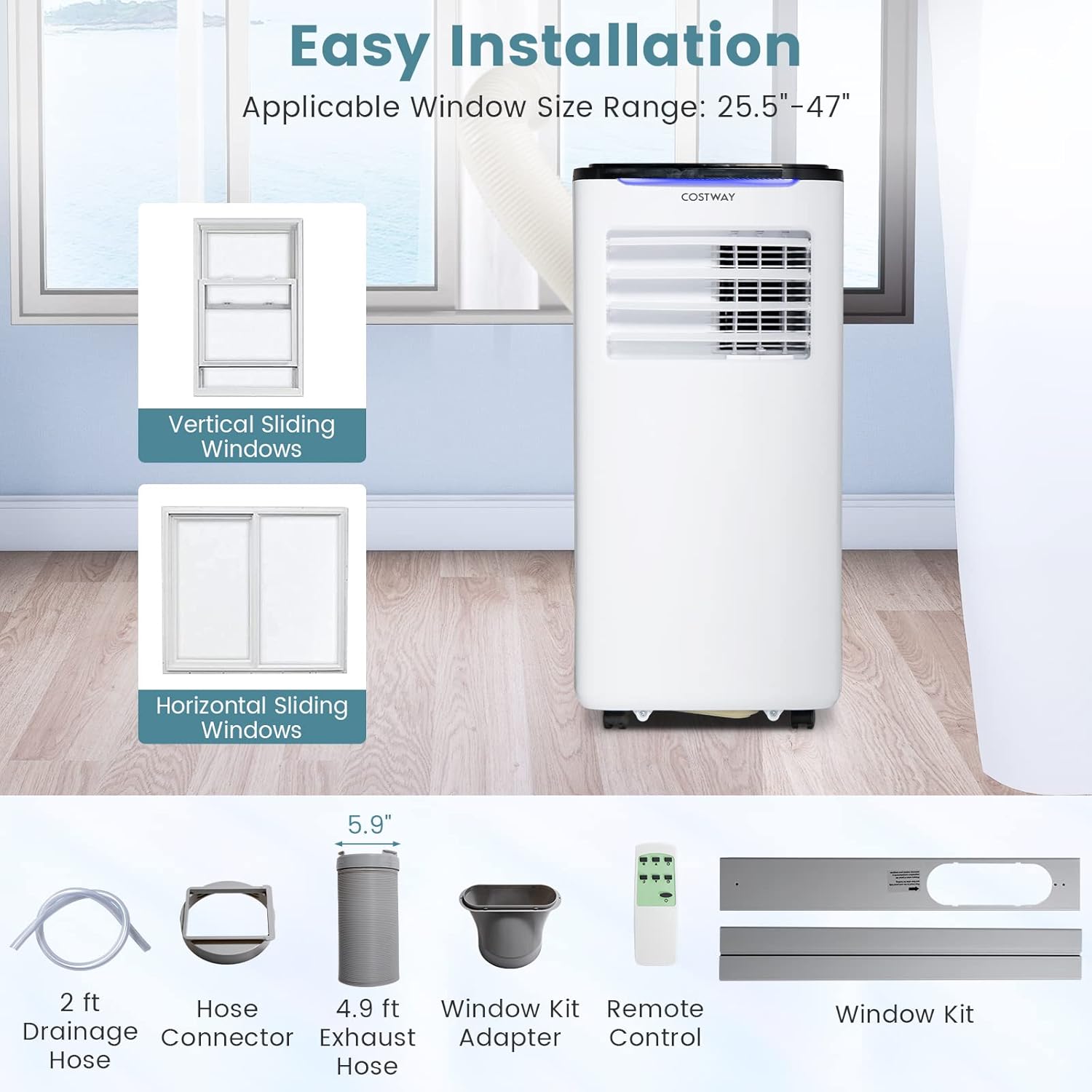 COSTWAY Portable Air Conditioners, 10000 BTU Portable AC Unit for Room up to 400 Sq.Ft with Cool, Fan, Dry & Sleep Mode, Timer, Remote Control & Window Vent Kit, 3-in-1 Portable AC for Bedroom, Office