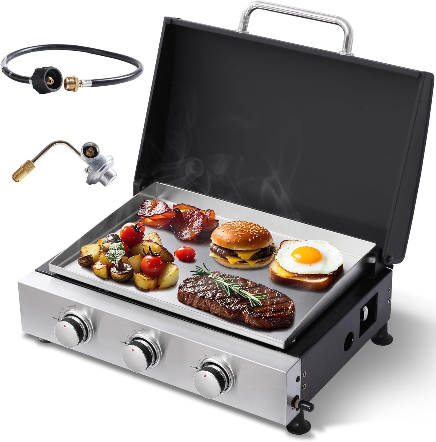 Cookit Flat Top Grill with Stainless Steel Pan, Portable Tabletop Propane Gas Griddle Grill with Csat Iron Grates for Camping, Outdoor & Tailgating Barbecue, 30,000 BTU Output, 3 Burners