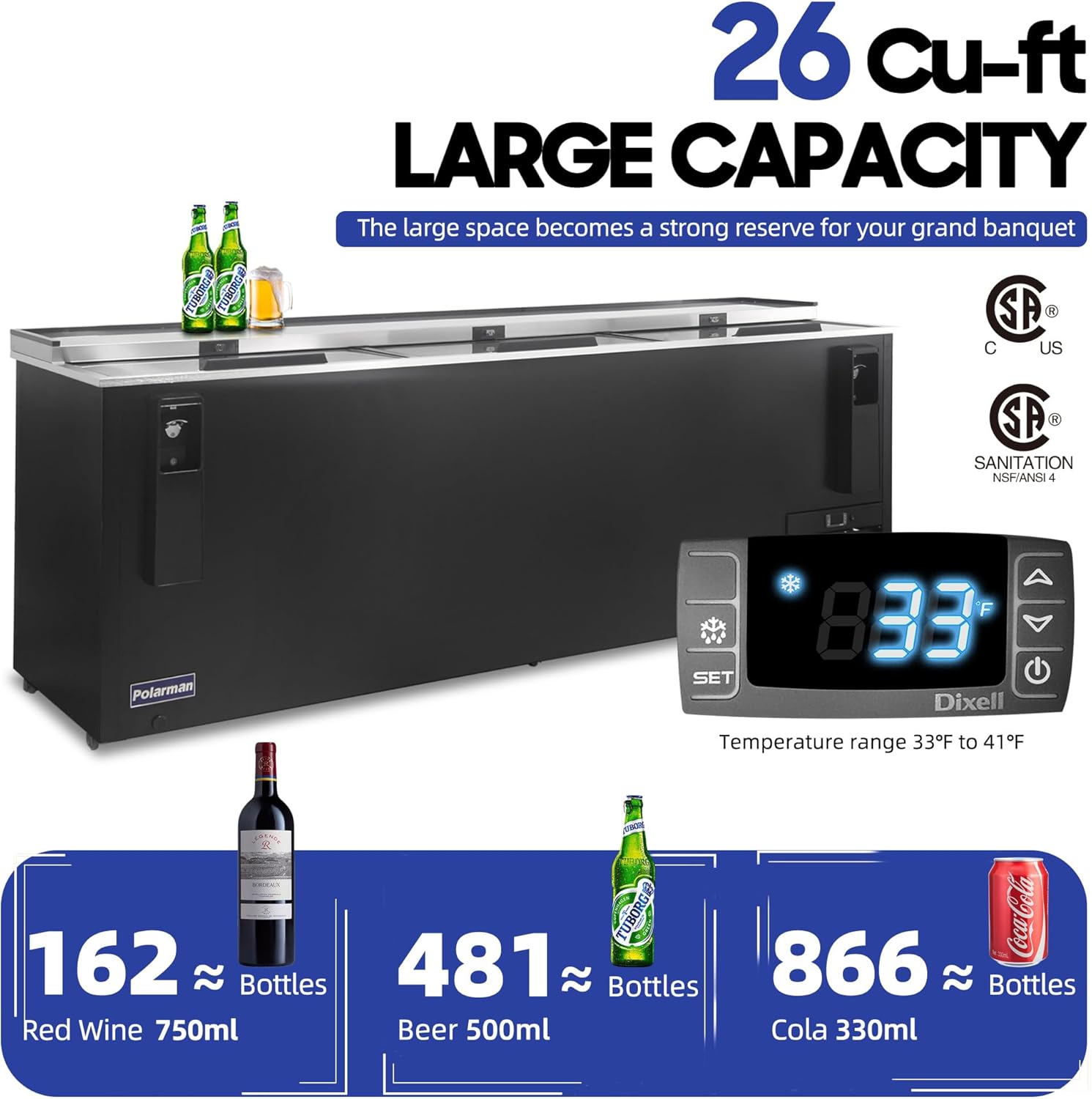 Polarman Top Loading Horizontal Beer Cooler Refrigerator 26 Cu.Ft Deep Well Beverage Fridge, NSF Certified Commercial Bar Cooler with LED Lighting, Lockable Door 95.3