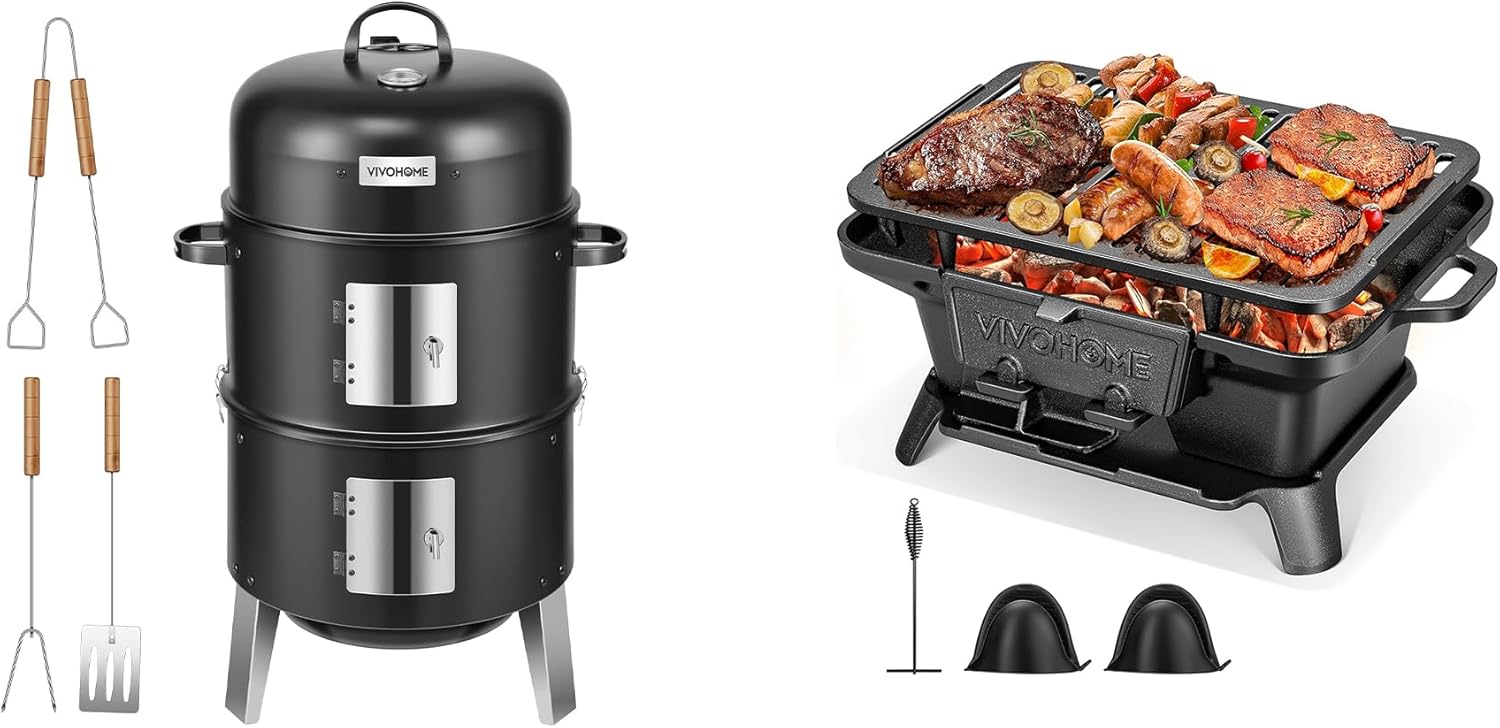 VIVOHOME 3-in-1 Vertical Charcoal Smoker, BBQ Smoker Grill with Built-in Thermometer, and VIVOHOME Rectangle Cast Iron Charcoal Grill with Double-Sided Grate
