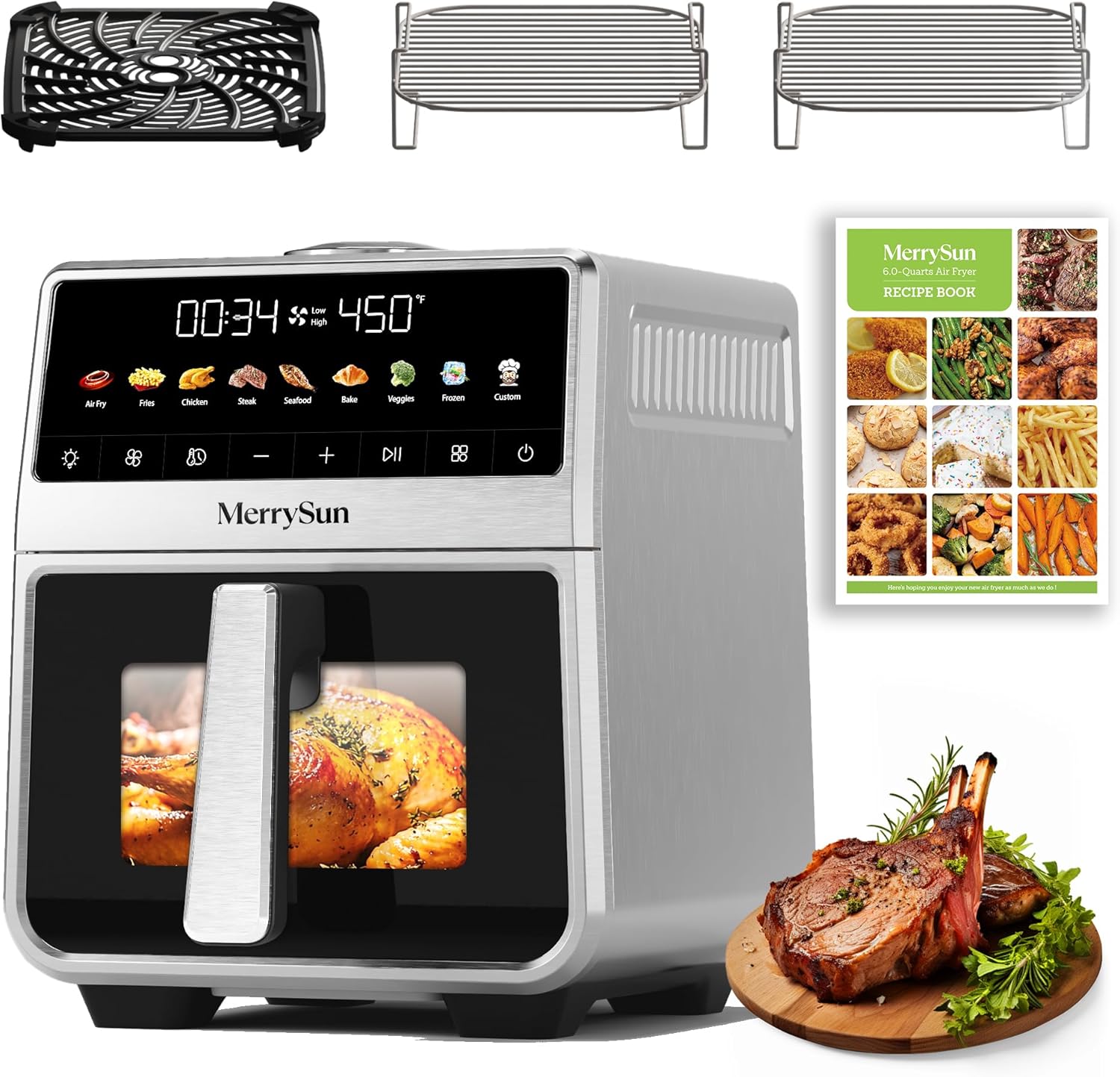 6 Qt Stainless Steel Air Fryer, Stainless Steel Housing& Full Metal Inner Pot, PTFE and PFAS Free, 9 Digital One-Touch Cook Functions,120°F~450°F, 1700W