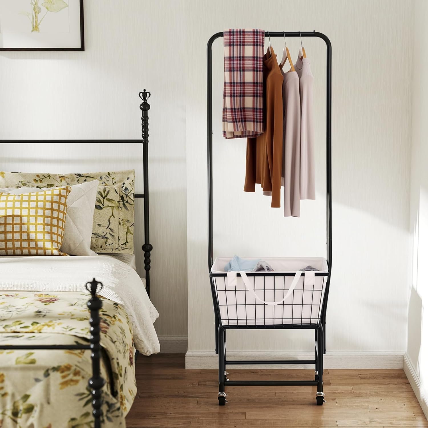 ALIMORDEN Laundry Cart with Clothes Rack, Rolling Laundry Cart with Wheels and Detachable Bags, Black