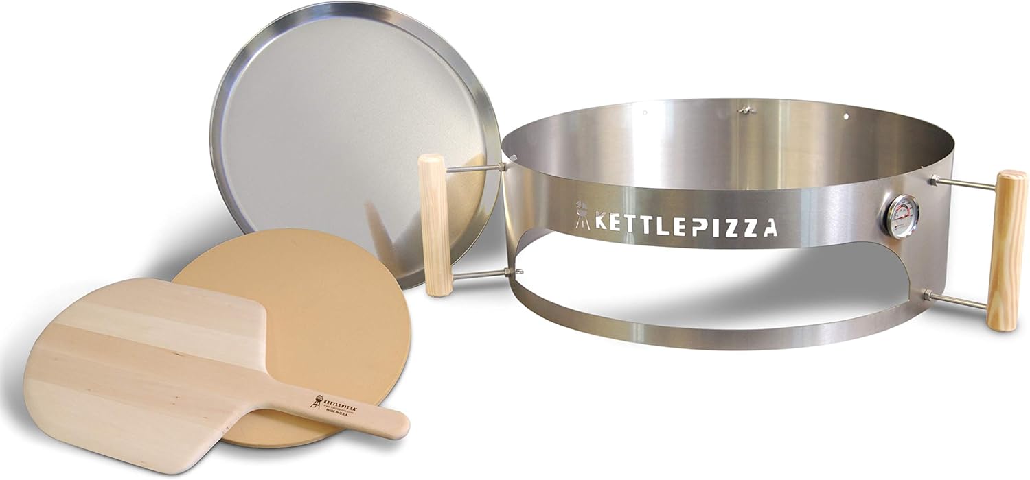 KettlePizza Deluxe 22.5 - Pizza Oven Kit for 22.5 Inch Kettle Grills, Includes Imported Pizza Stone & Wood Pizza Peel