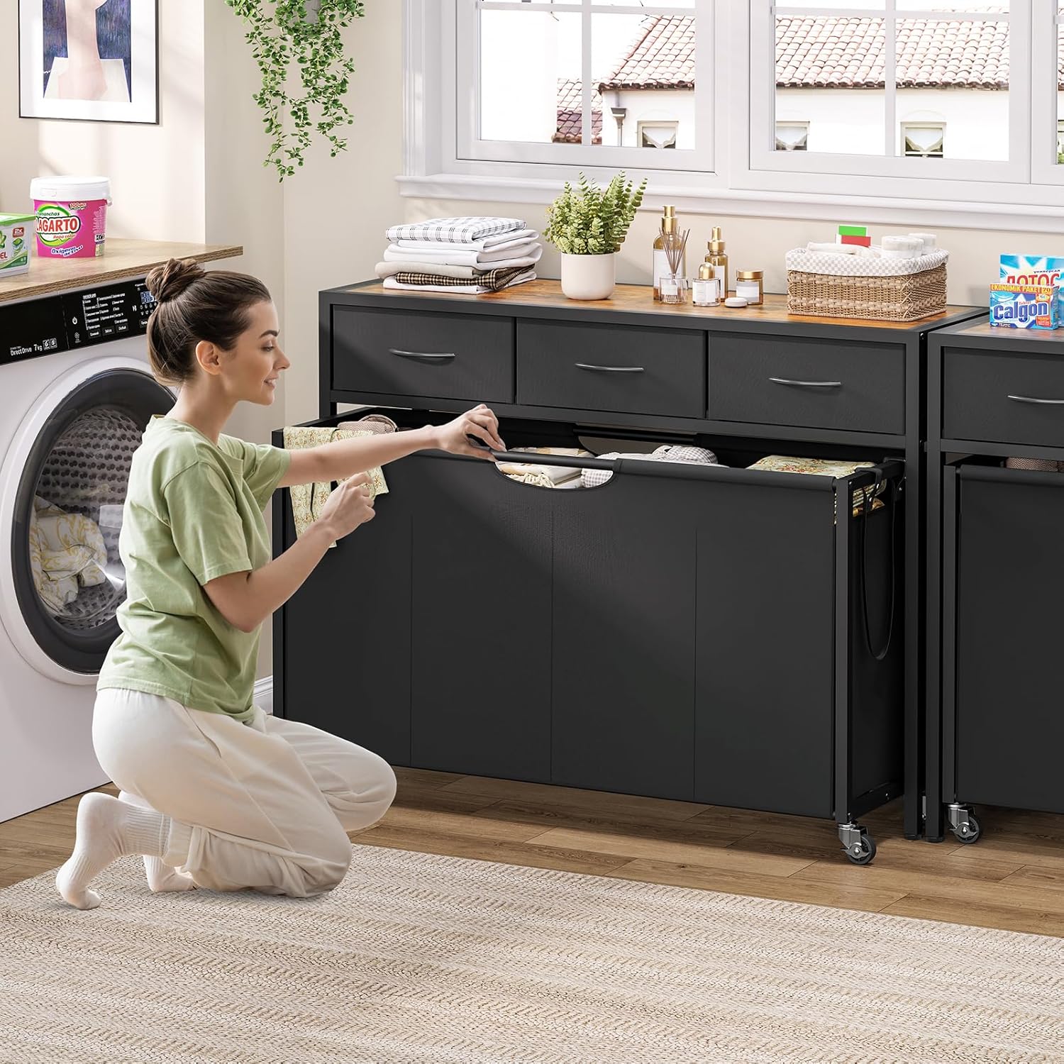 Laundry Sorter, Rolling Laundry Hamper with 4 Section Pull-Out Bags, 300L Large Laundry Basket Organizer with 3 Drawers, Laundry Hamper with Wheels for Laundry Room Organization, Bathroom, Bedroom