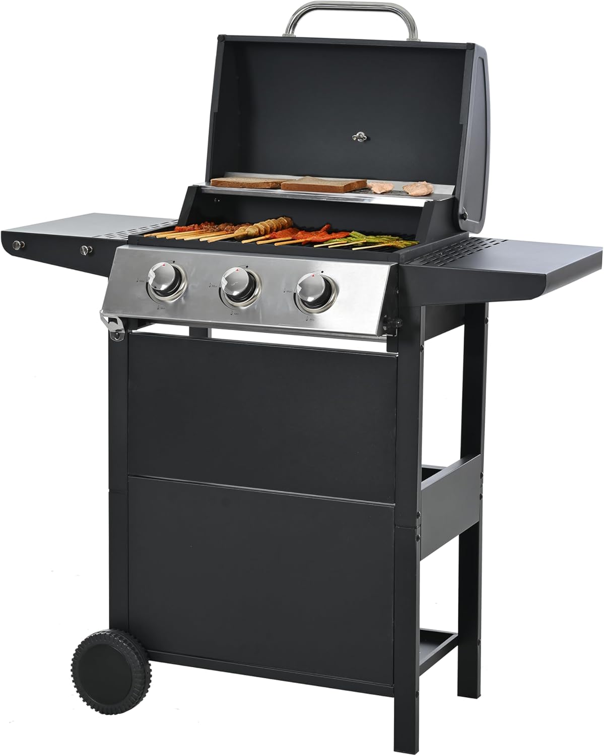 Propane Grill 3 Burner Barbecue Grill Stainless Steel Gas Grill，With two foldable shelves, top and wheels, outdoor cooking, patio, garden grill.
