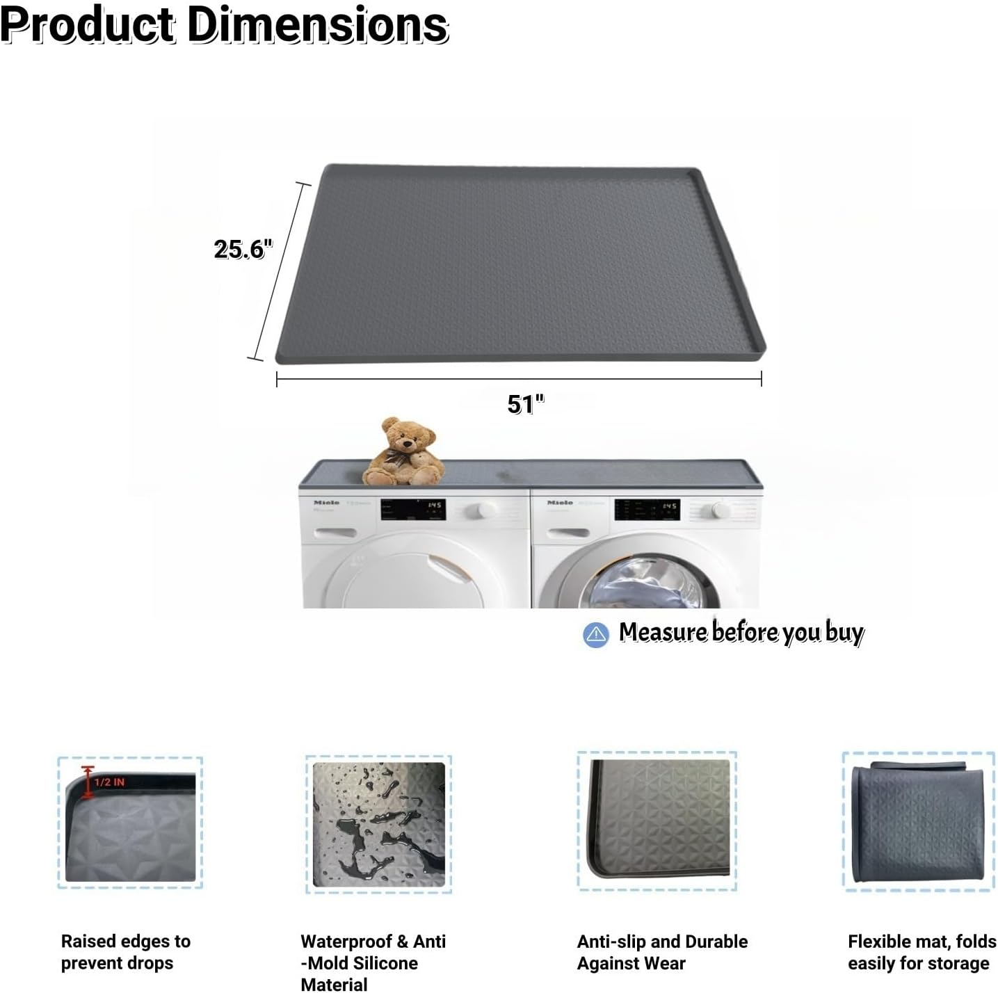 51'' x 25.6'' Washer and Dryer Covers for the Top, Silicone Washing Machine Cover, Dryer Top Protector Mat, Washer Dryer Countertop, Perfect for Laundry Room, Home Use