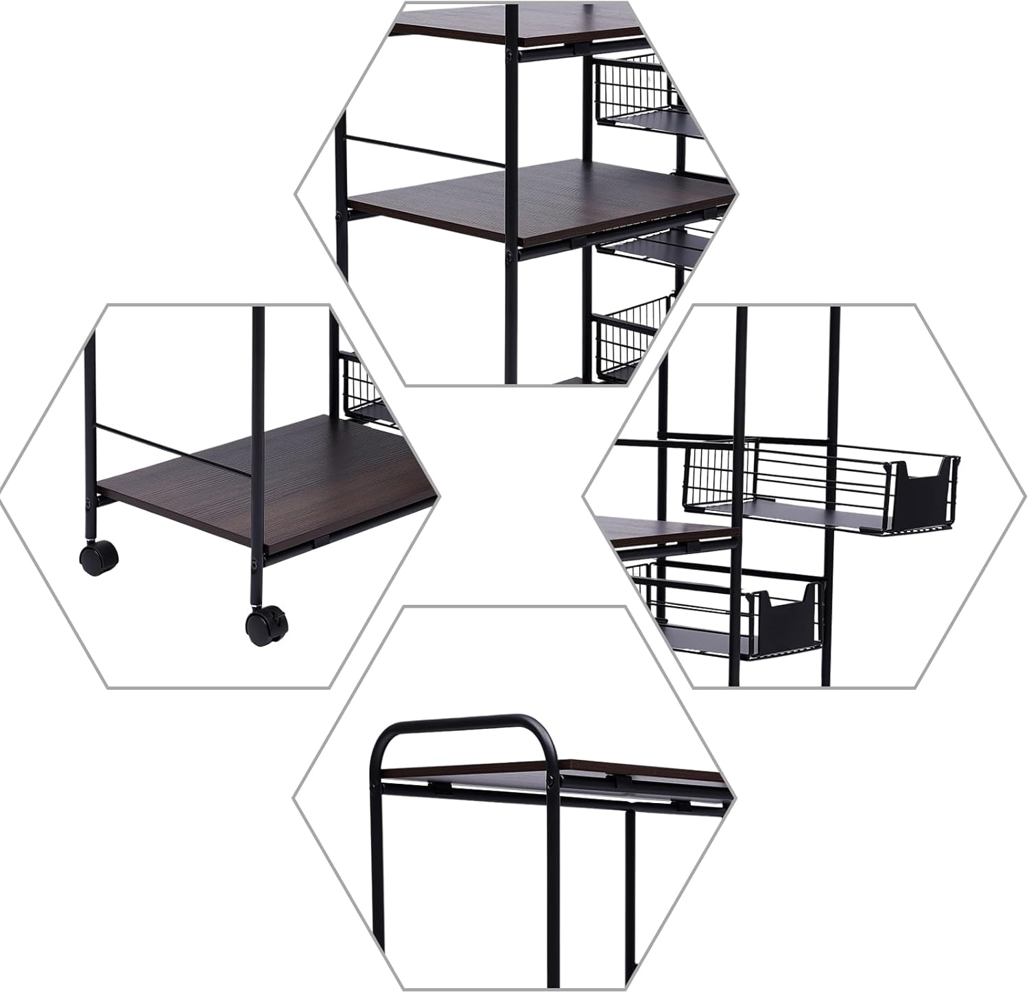 4-Tier Kitchen Standing Bakers Rack, Microwave Oven Stand Rack, Utility Workstation Stand, Kitchen Cart with Storage Basket & Wheels, Kitchen Organizer Shelf for Spices/Utensils Foods, Vintage Brown