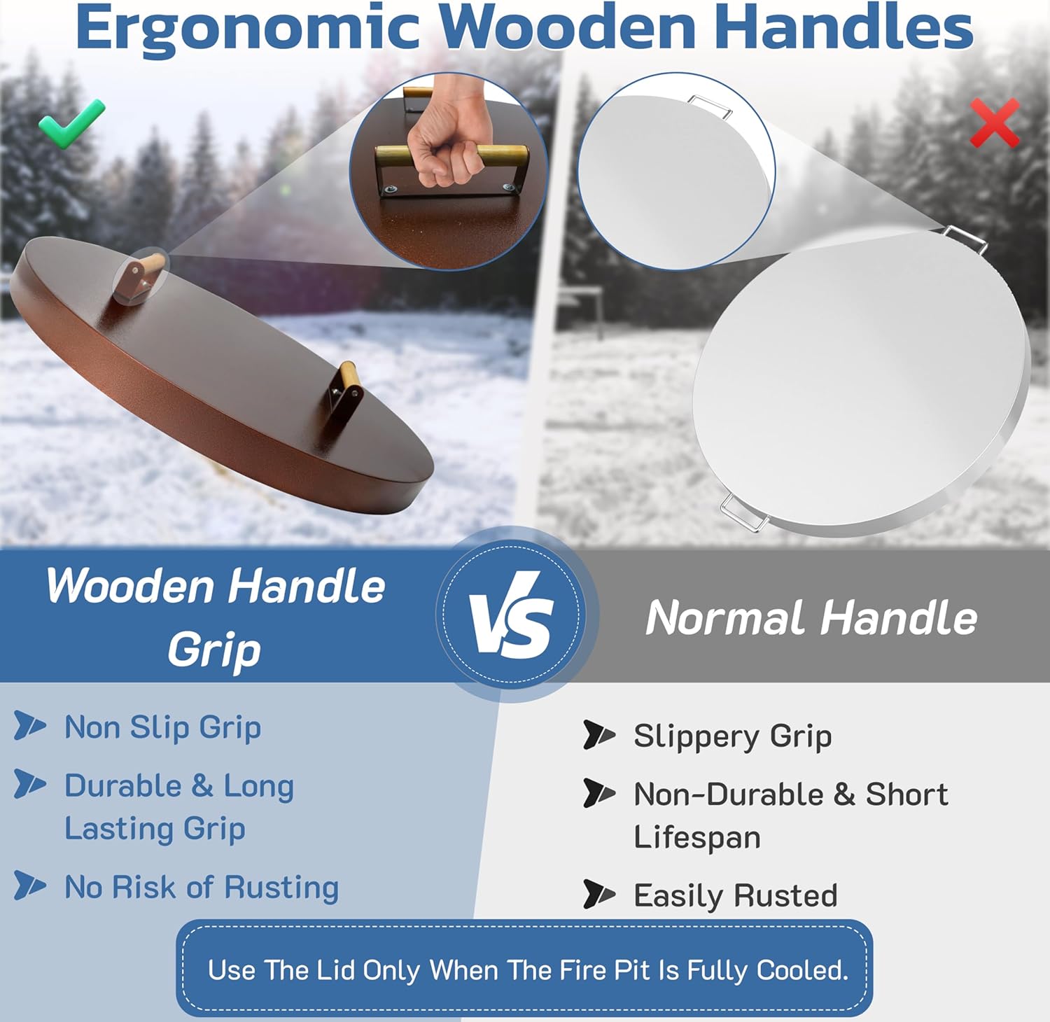 25.5” Round Fire Pit Lid – Bronze Coated fire pit cover round metal for Outdoor Fireplace 16 Gauge Steel Flat Fire Pit Burner Pan Cover with Wooden Handle Snuffer Lid for Round Patio Fire Pit