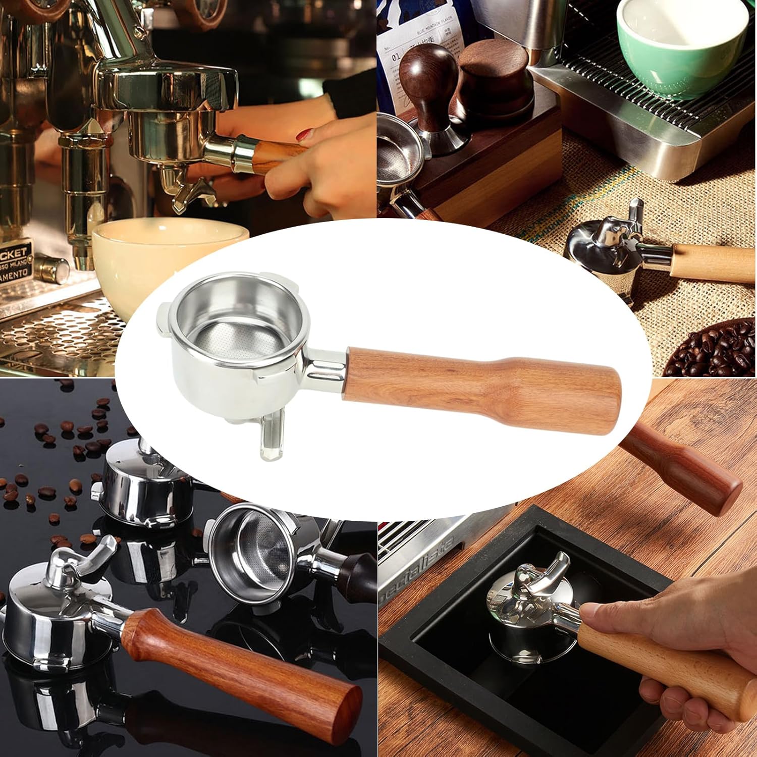 Stainless Steel Coffee Portafilter, Solid Double Spouts Basket Portafilter, Exquisite Portafilter with Wood Handle for most Coffee Machines (Style 1)