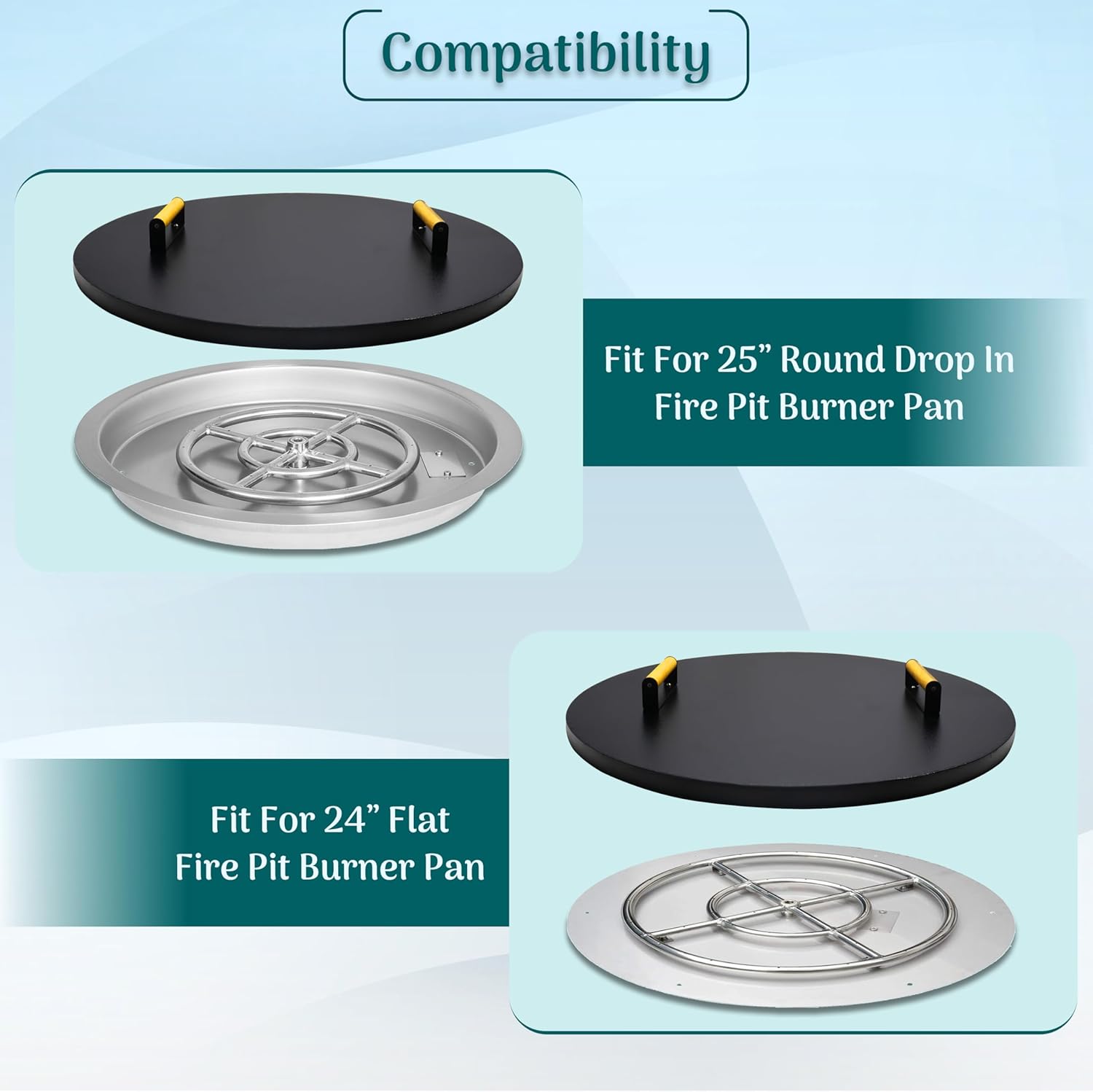 FEBTECH 28 Inch Firepit Snuffer Lid Compatible for 24” Flat Fire Pit Burner Pan & 25” Round Drop in Fire Pit Burner Pan - Rust Resistant 1.5mm Thick Carbon Steel Fire Pit Lid with Ergonomic Handle