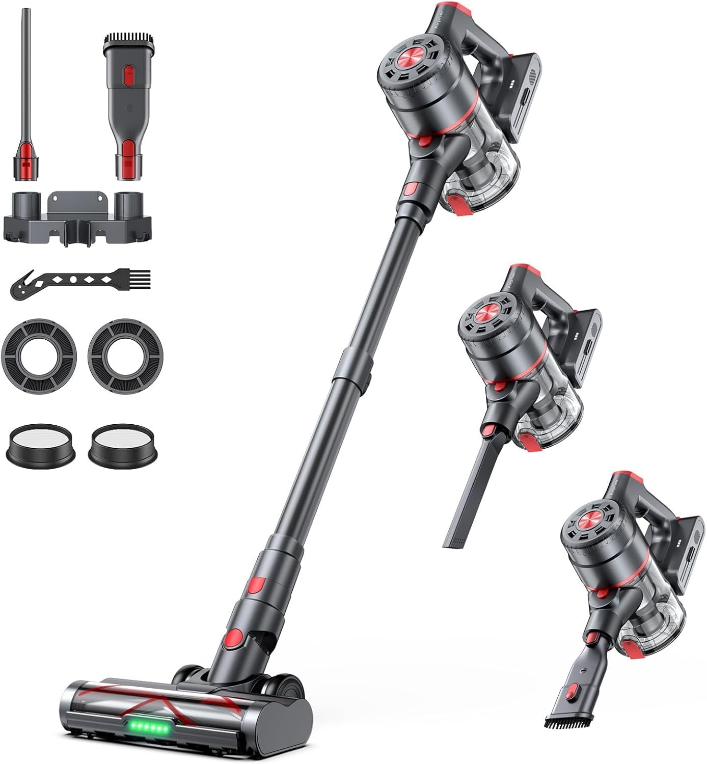 Cordless Vacuum Cleaner, 550W 45KPA Dual Motor Stick Vacuum for Home with 55mins Runtime, 6 LED Green Headlights, Self-Standing Design, V-Shaped Floor Brush for Carpet Tile Pet Hair Hardwood Floors.