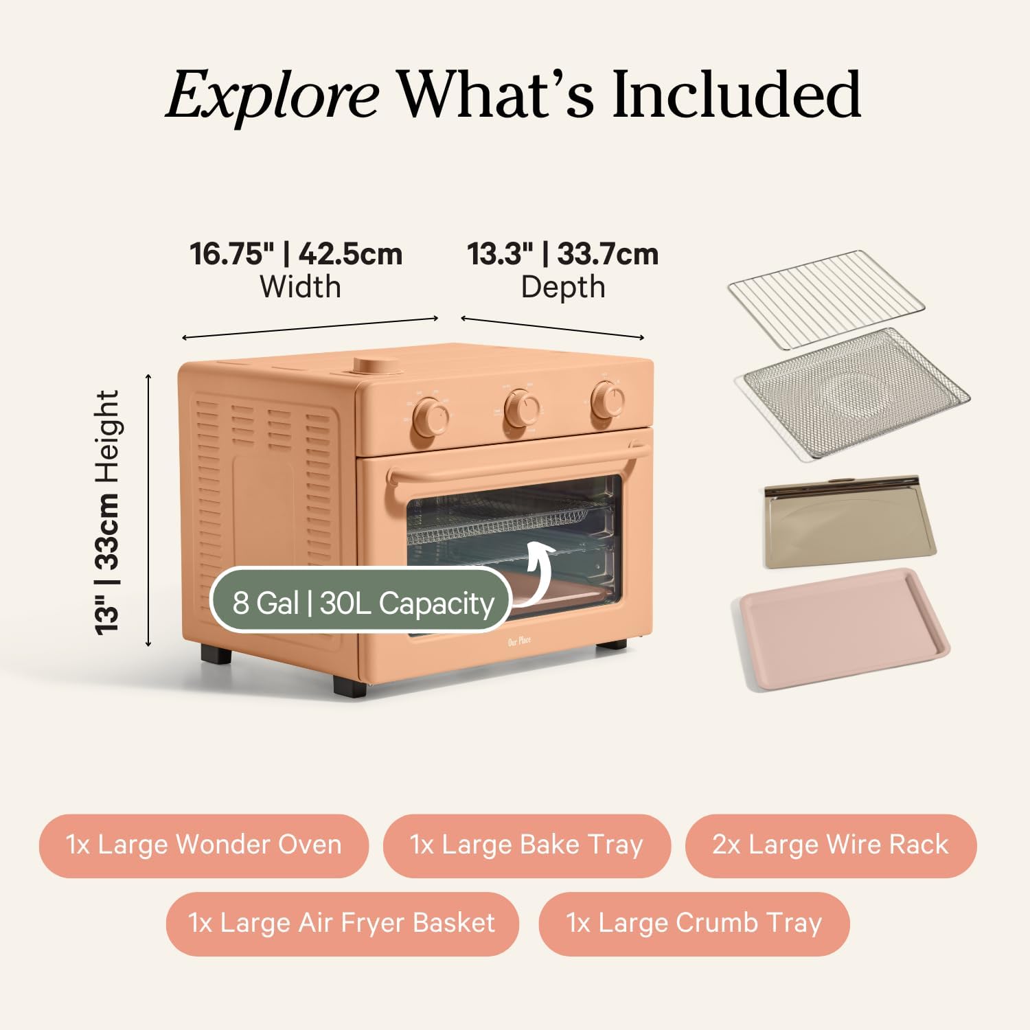 Our Place Large Wonder Oven | 6-in-1 Stainless Steel Air Fryer Toaster Oven Combo with Basket, Rack, Pan & Tray | 3-Rack, 32 QT, Large Capacity - Toast, Roast, Bake, Reheat, Broil & Steam | Spice