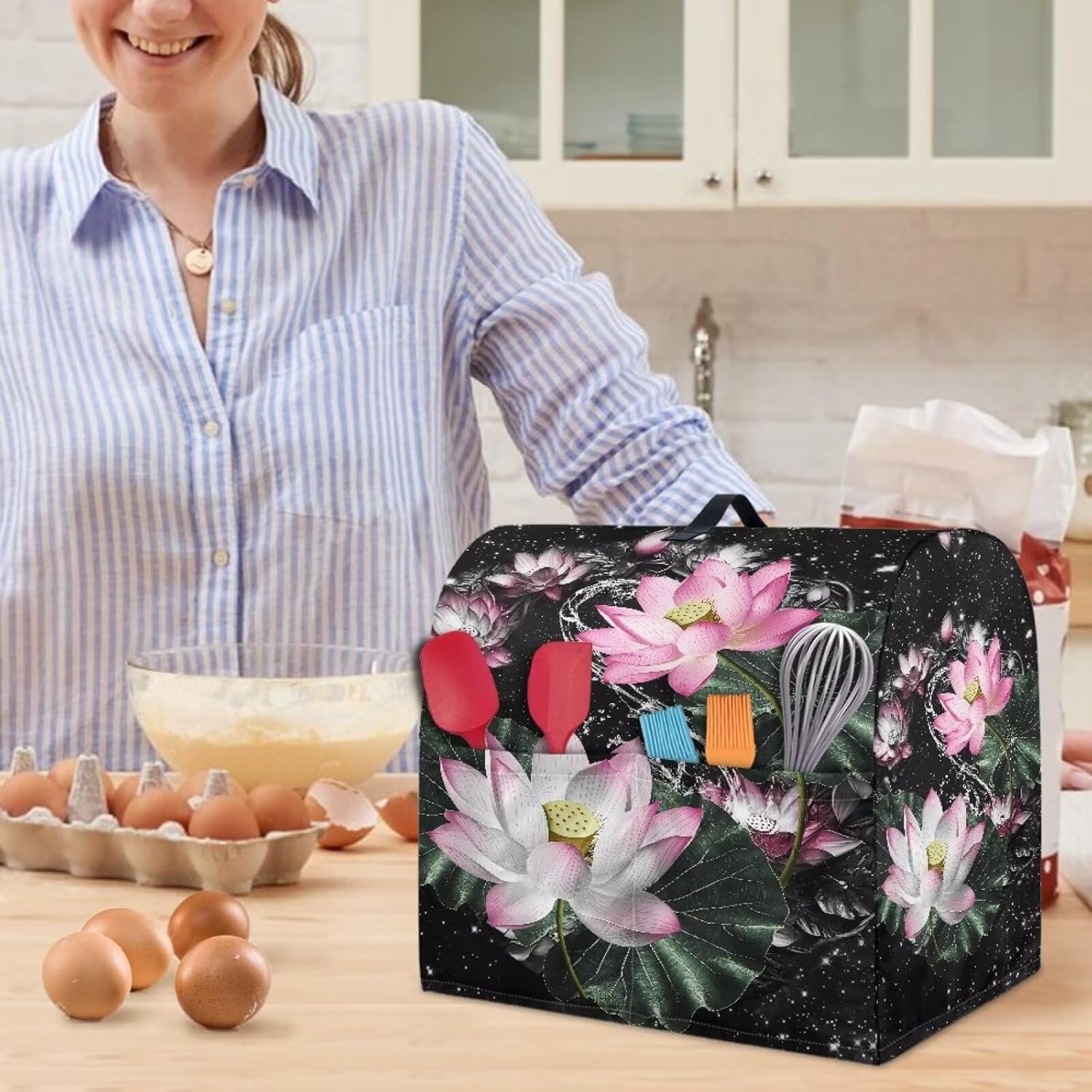 Stand Mixer Cover with Organizer Bags, Lotus Large Mixer Accessories Stand Mixer Dust Cover Kitchen Decorations Mixer Cover Blender Cover Fashion Decorations