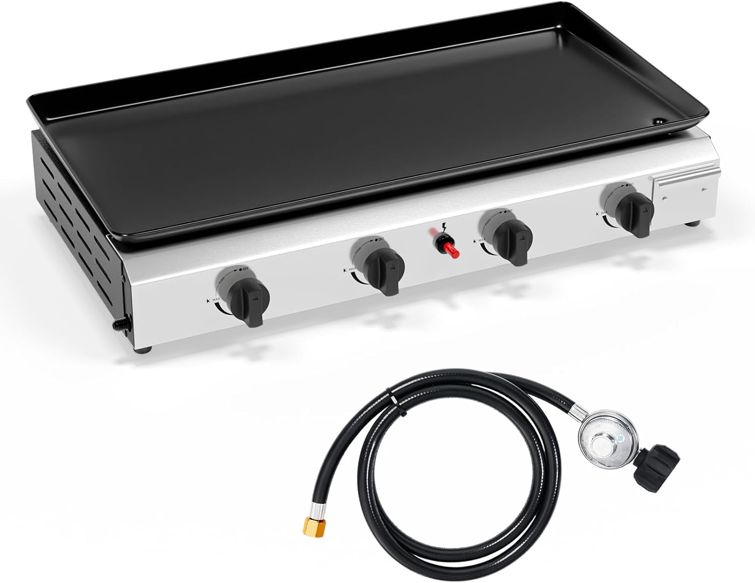 4 Burner Portable Propane Griddle with Electronic Ignition, 40000 BTU Tabletop Flat Top Gas Grill with Nonstick Enameled Tray & Regulator for Outdoor Cooking Camping BBQ Tailgating Picnicking