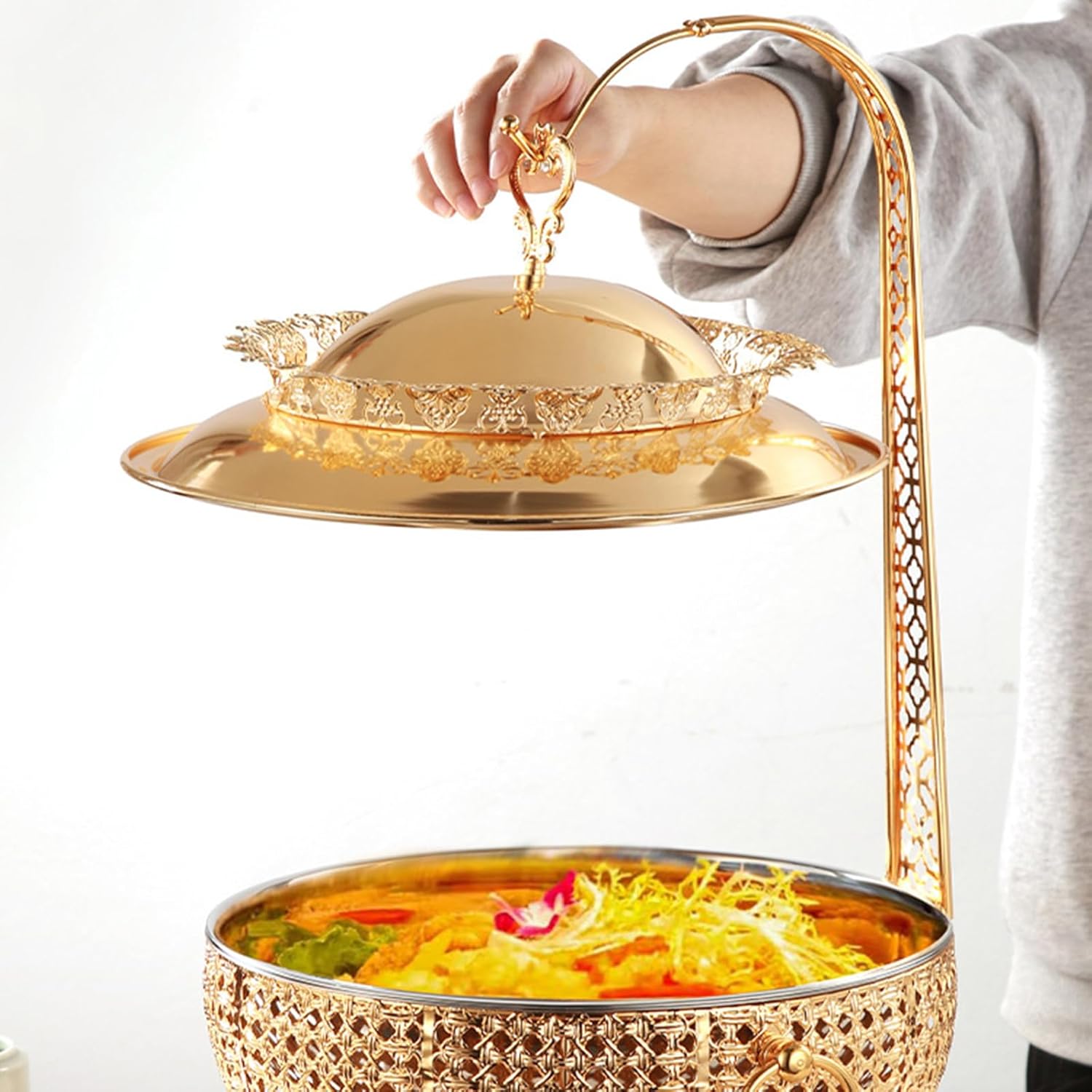 Chafing Dishes for Buffet, 8L Round Stainless Steel Food Warmers Pan with Hanging Lids, for Heating and Cooling, Parties Buffet Catering Events Dinners