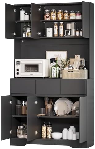 71'' Pantry Cabinet with LED Light & Charging Station, Tall Freestanding Kitchen Storage Cabinet with Microwave Stand, Modern Hutch with Drawers & Open Countertop for Dining Room, Living Room, Black