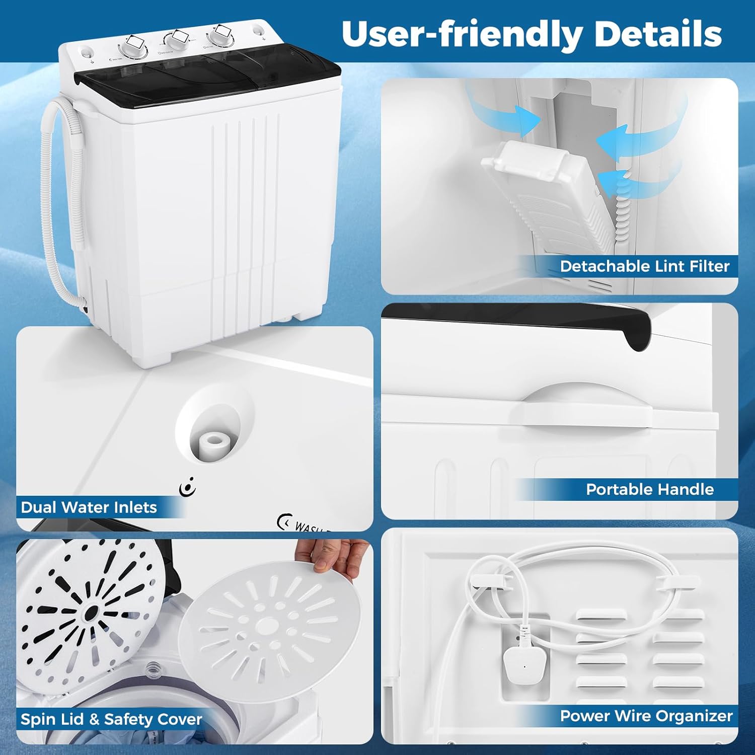 COSTWAY Portable Washing Machine, Twin Tub 20 Lbs Capacity, Laundry Washer 12 Lbs and Spinner 8 Lbs with Drain Pump, Timer Control, Perfect for Apartment Dorm RV, Black