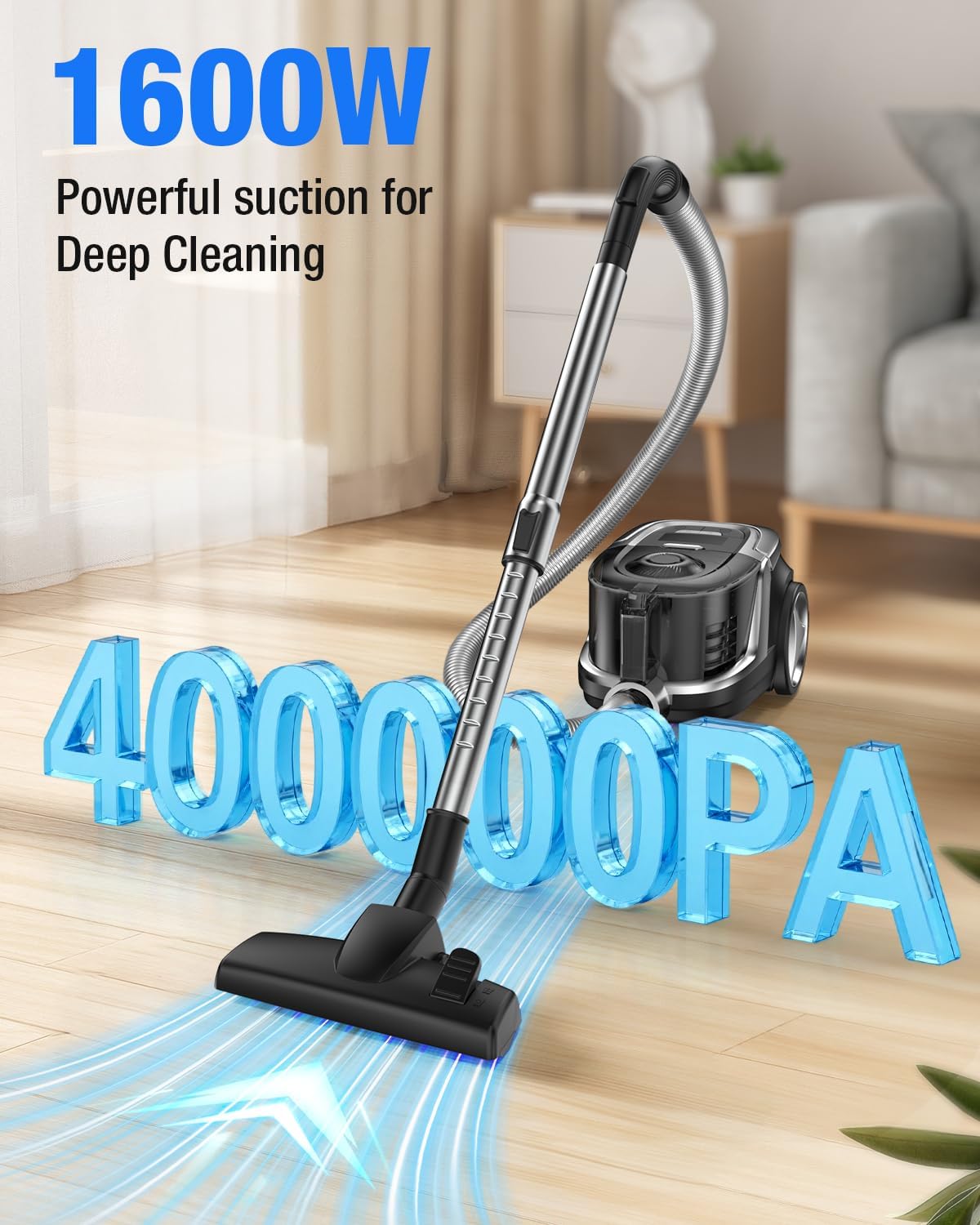 Zefiro Canister Vacuum Cleaner, 40Kpa 1600W Bagless Vacuum Cleaner,Lightweight Vacuum for Hard Floors, Carpet, Pet