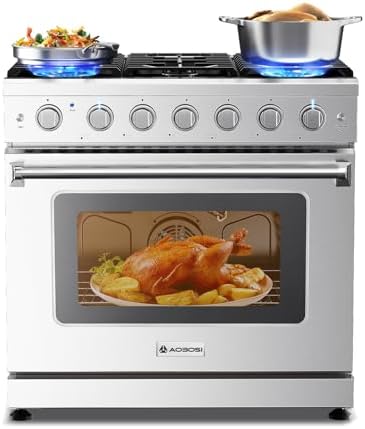 AAOBOSI 36 Inch Front Control Gas Range Oven with 6 Cooktop Burners, 6 Cu. Ft True Convection and Self Clean, Freestanding Stainless Steel Heavy Duty Gas Range Stove with Halogen Light,Large Capacity