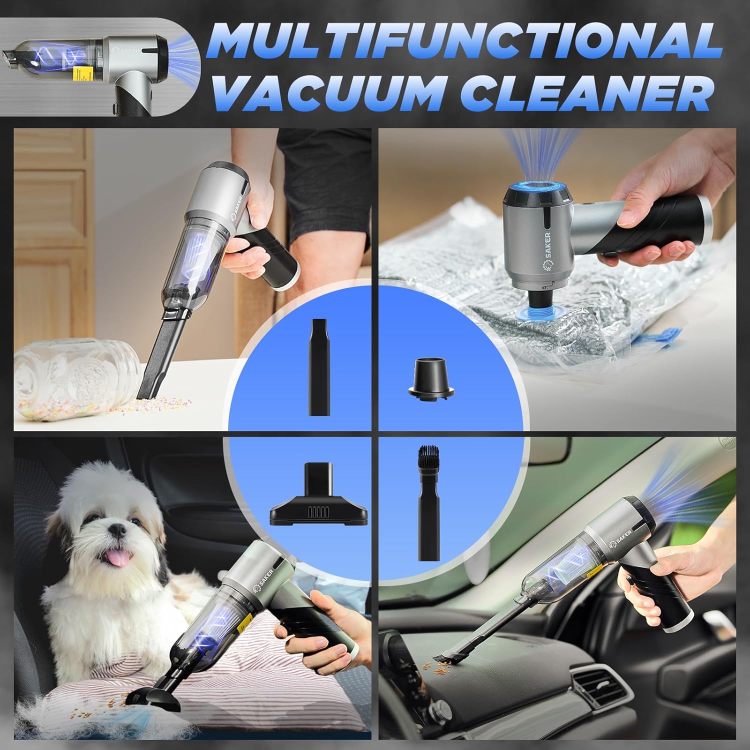 Saker Car Vacuum Portable Cordless17000PA HL132 with 3 HEPA Filter and 1 Steel Filter Set