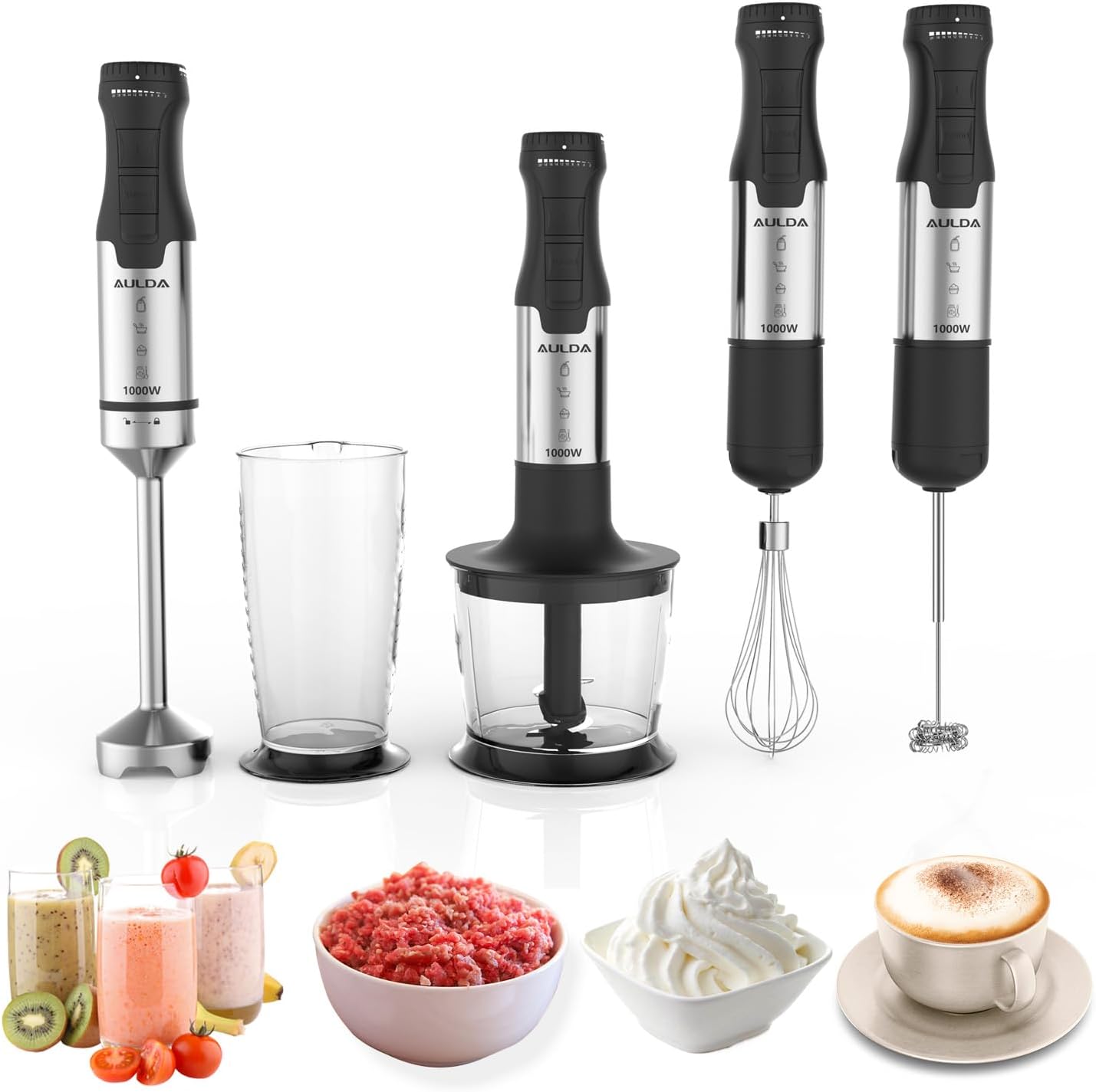 1000W 5-in-1 Immersion Hand Blender - 20 Speeds, Stainless Steel Stick Blender with Mixing Beaker, Chopper Bowl, Milk Frother, Egg Whisk for Smoothie, Baby Food, Sauces Red,Puree, Soup