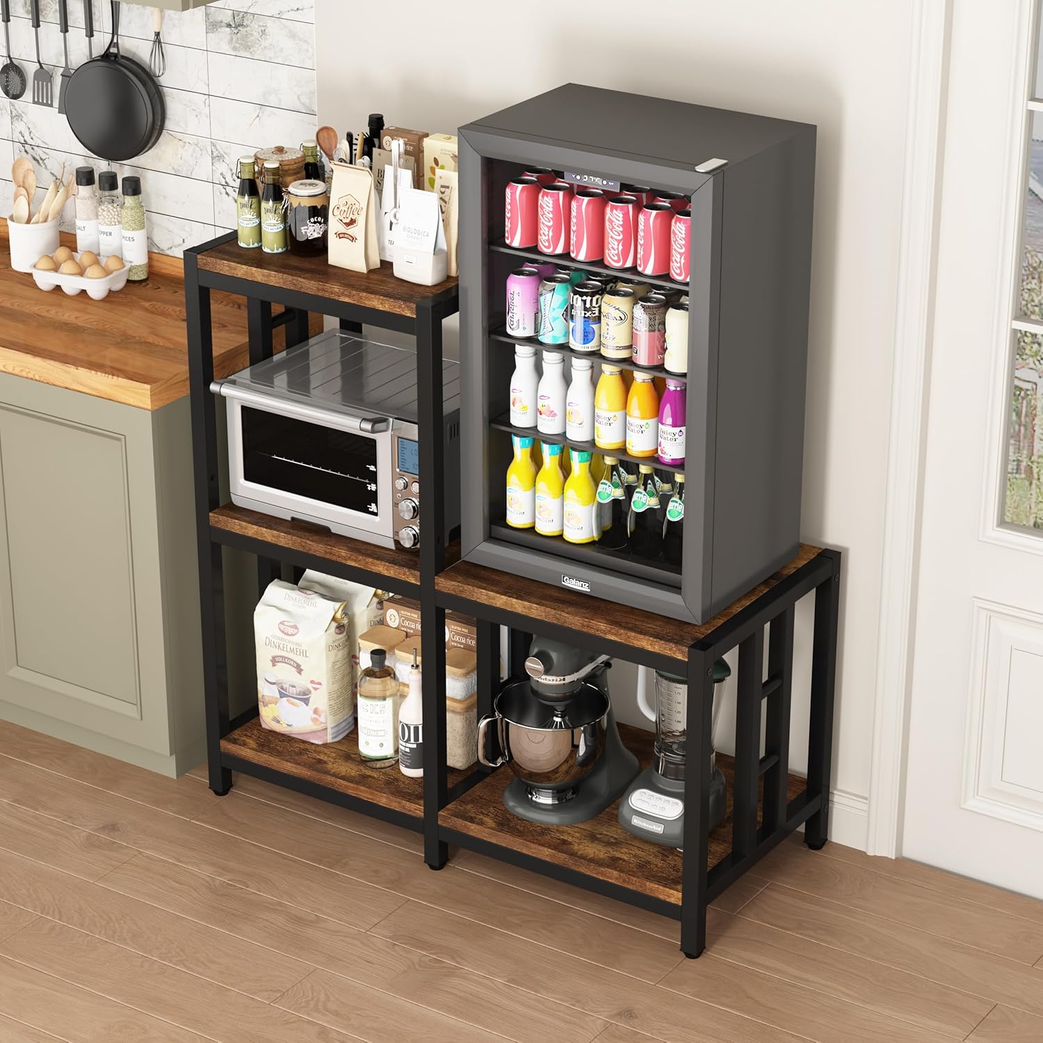 5-Tier Mini Fridge Stand with Storage, Vintage Brown Bakers Rack and Microwave Oven Stand, Kitchen Mini Fridge Cabinet with Shelves, Coffee Bar Organizer for Home, Office, Dorm