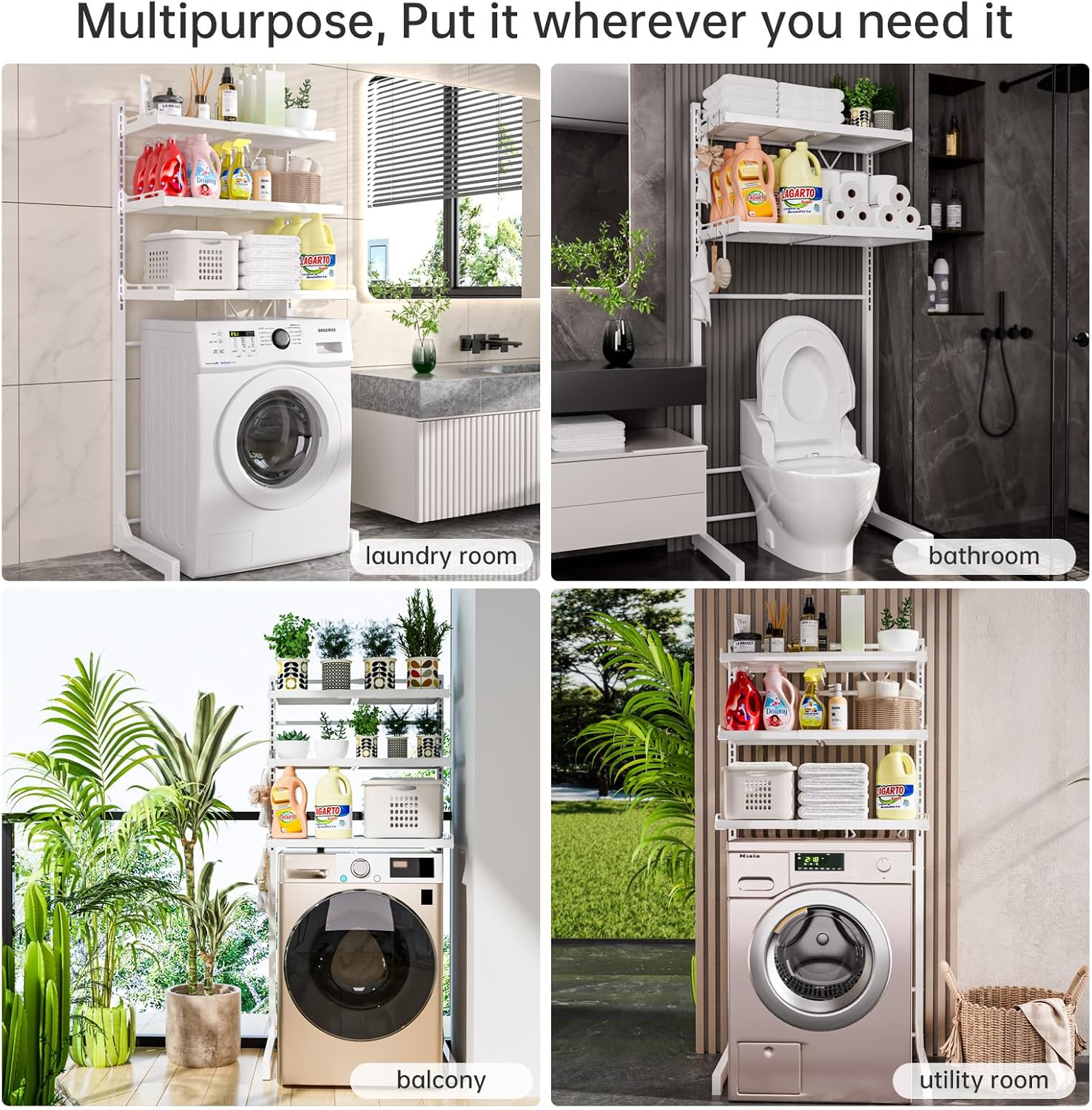 Carbon Steel Over Washer and Dryer Shelf, 2 Tier Bulkhead Laundry Room Storage and Organization Riser, Above Toilet Rack, (14.17“-25.59”) W*15.75 “D*63.39 ”H, White