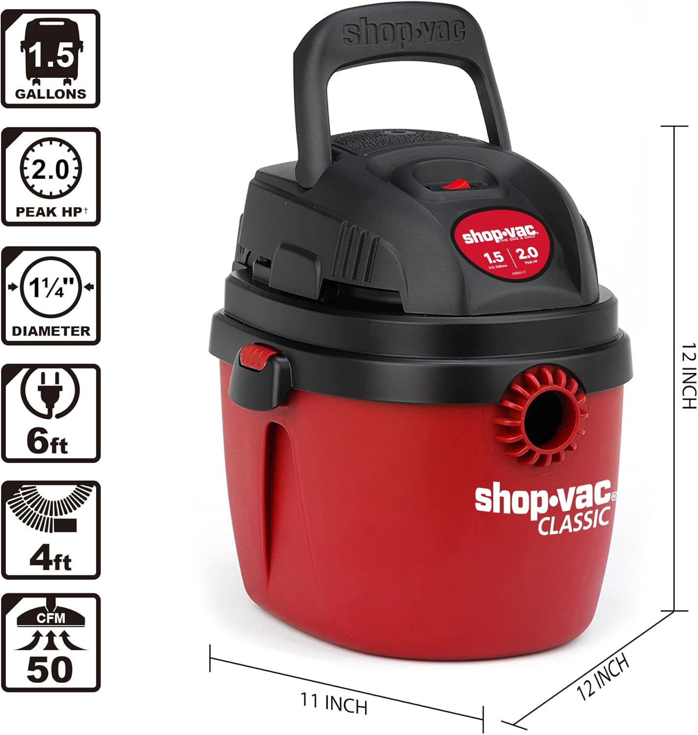 Shop-Vac 1.5 Gallon 2.0 Peak Wet Dry Vacuum, Portable Compact Shop Vacuum with Collapsible Handle Wall Bracket & Attachments, ‎2030100