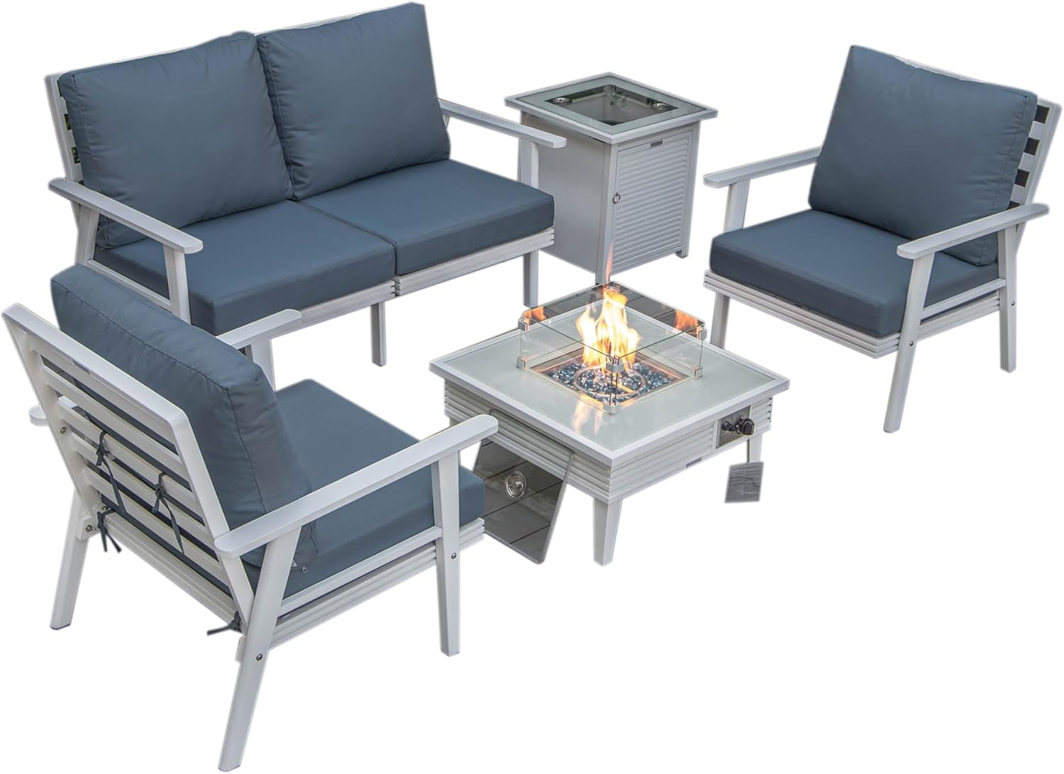 LeisureMod Walbrooke Modern Aluminum 5-Piece Patio Conversation Set with Outdoor Square Fire Pit Table with Slats Design & Side Table Tank Holder (Navy Blue)