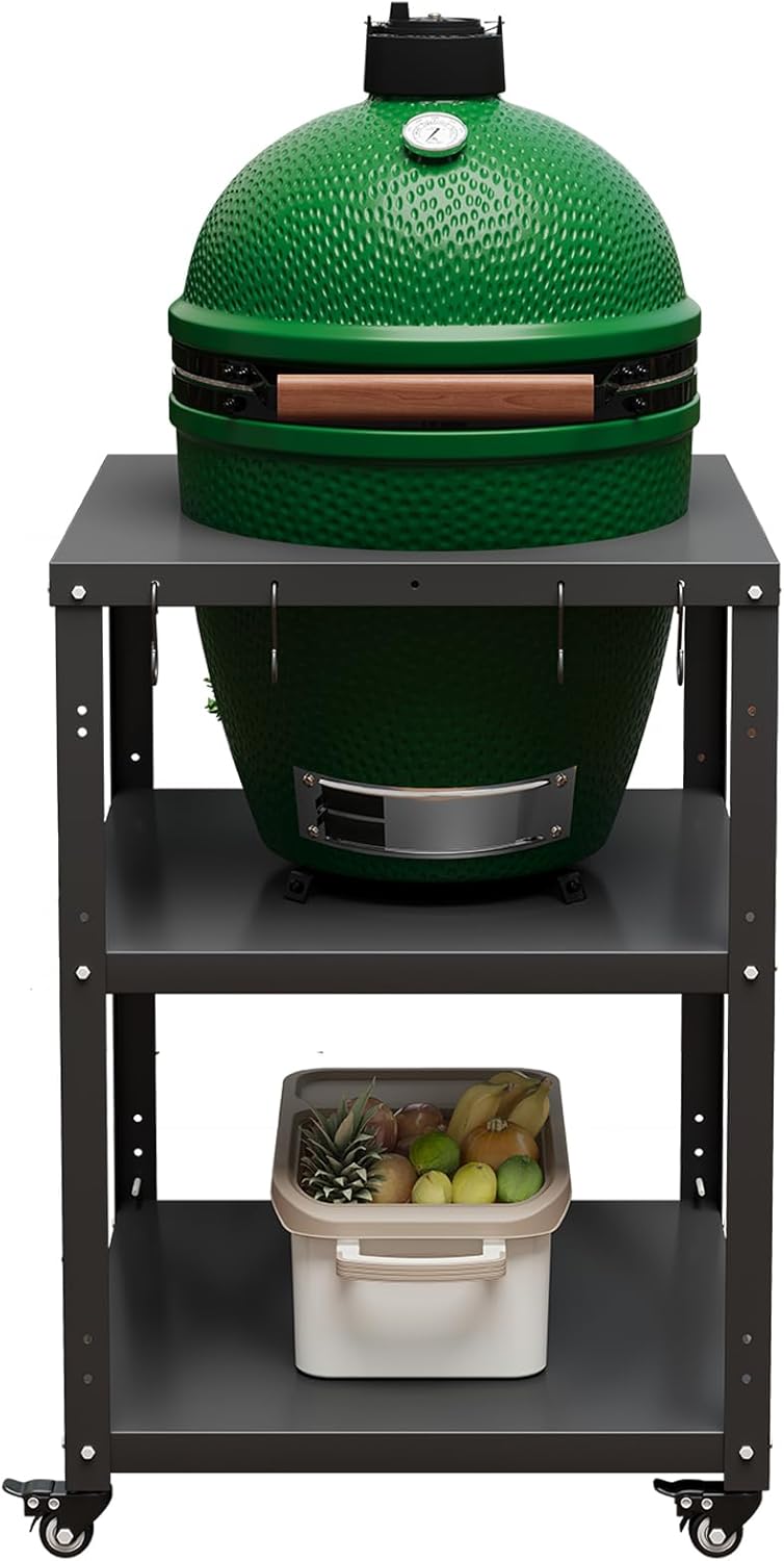 Grill Table for Big Green Egg Accessories,Compatible with L to MINI Models Big Green Egg,Kamado Joe,Heavy Duty Metal Grill Cart with Locking Caster Outdoor Grill Station