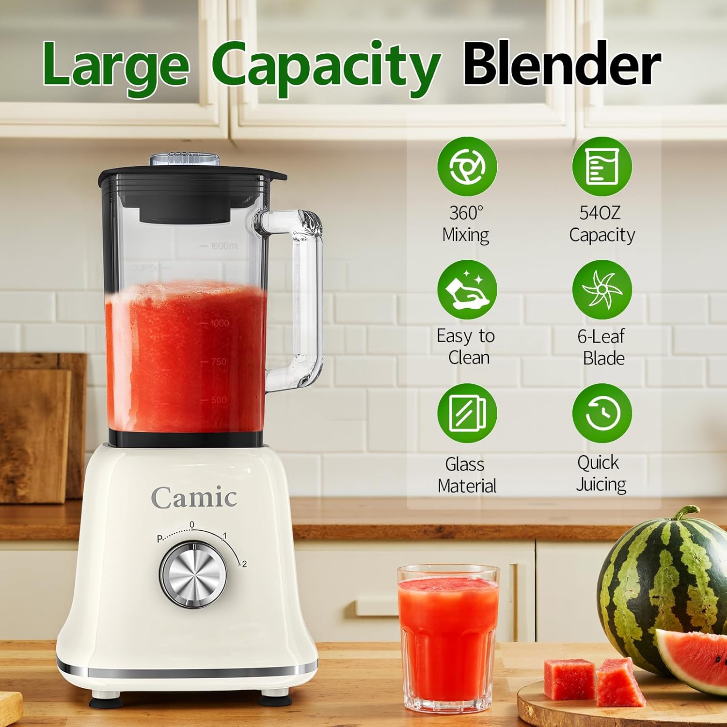 Glass Blenders for Kitchen with 750W, 54Oz. Countertop Blender Glass Jar Food Processor Combo, BPA-Free Blender for Smoothies, Ice Crush,Nuts, Frozen Drinks and Fruits(White)