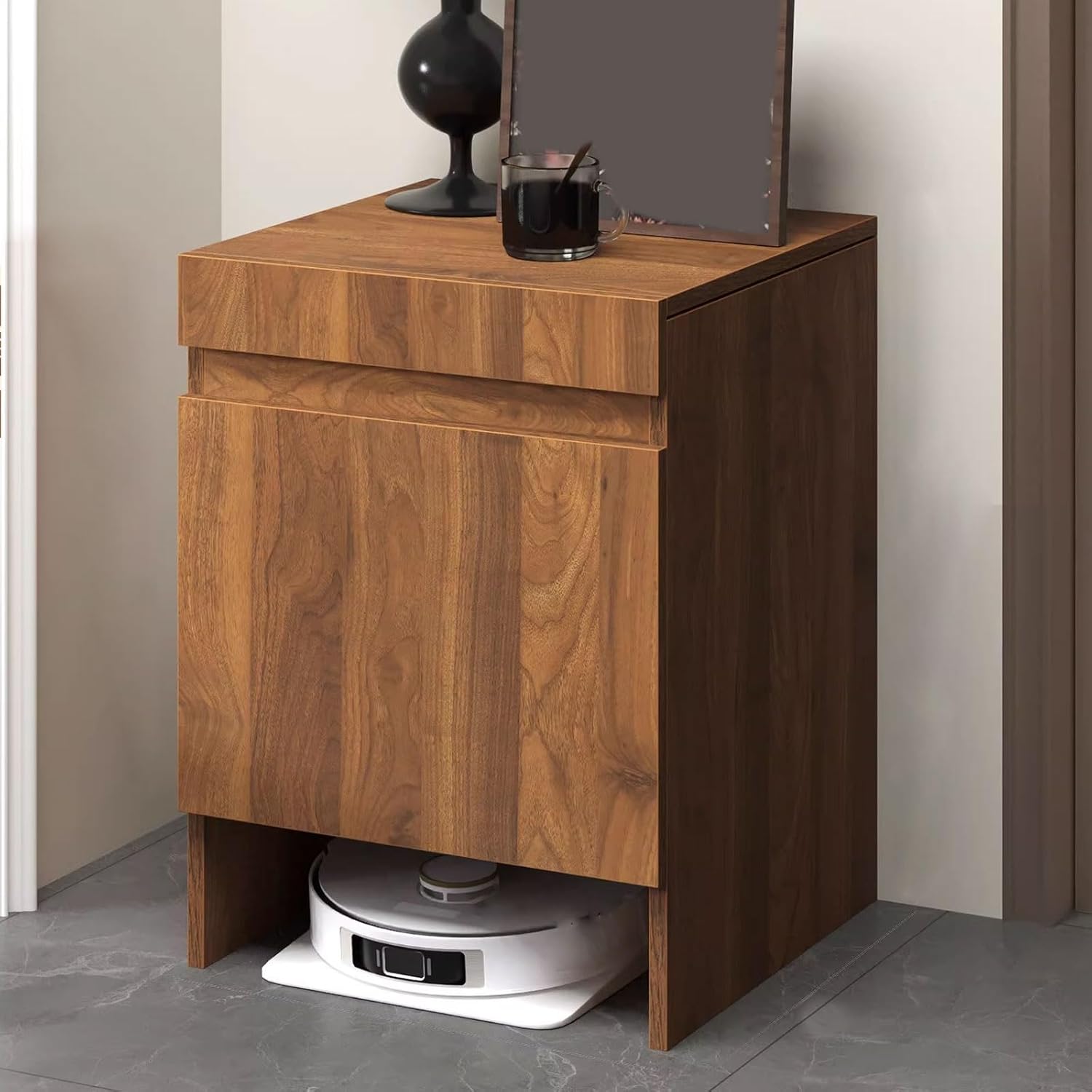 Robot Vacuum Hidden Cabinet Wood Organizer Stand for Robotic Vacuum Pull-Out Countertop Design Storage Cabinet Can Be Fixed on The Wall Easy to Assemble(Natural)