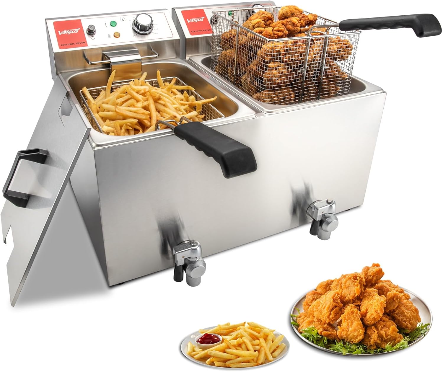 Valgus Dual Tanks Commercial Deep Fryer Electric 1700W 120V 26L Large Capacity Stainless Steel Countertop Kitchen Frying Machine with Basket & Lid, Drain System for Home Kitchen and Restaurant