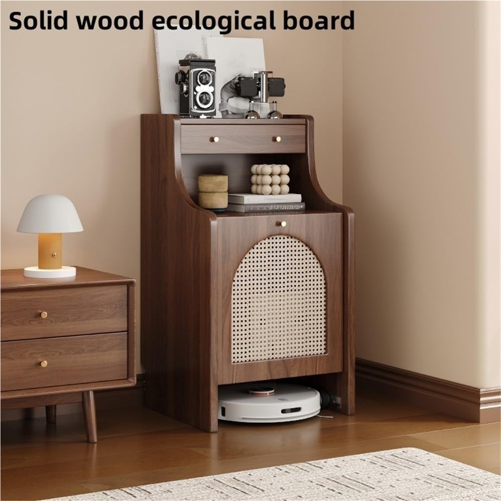 Side Table Robot Vacuum Cleaner Storage Cabinet Hidden Entryway Living Room Cabinet with Rattan Door Sofa Sideboard Solid Construction(Natural,55cm)
