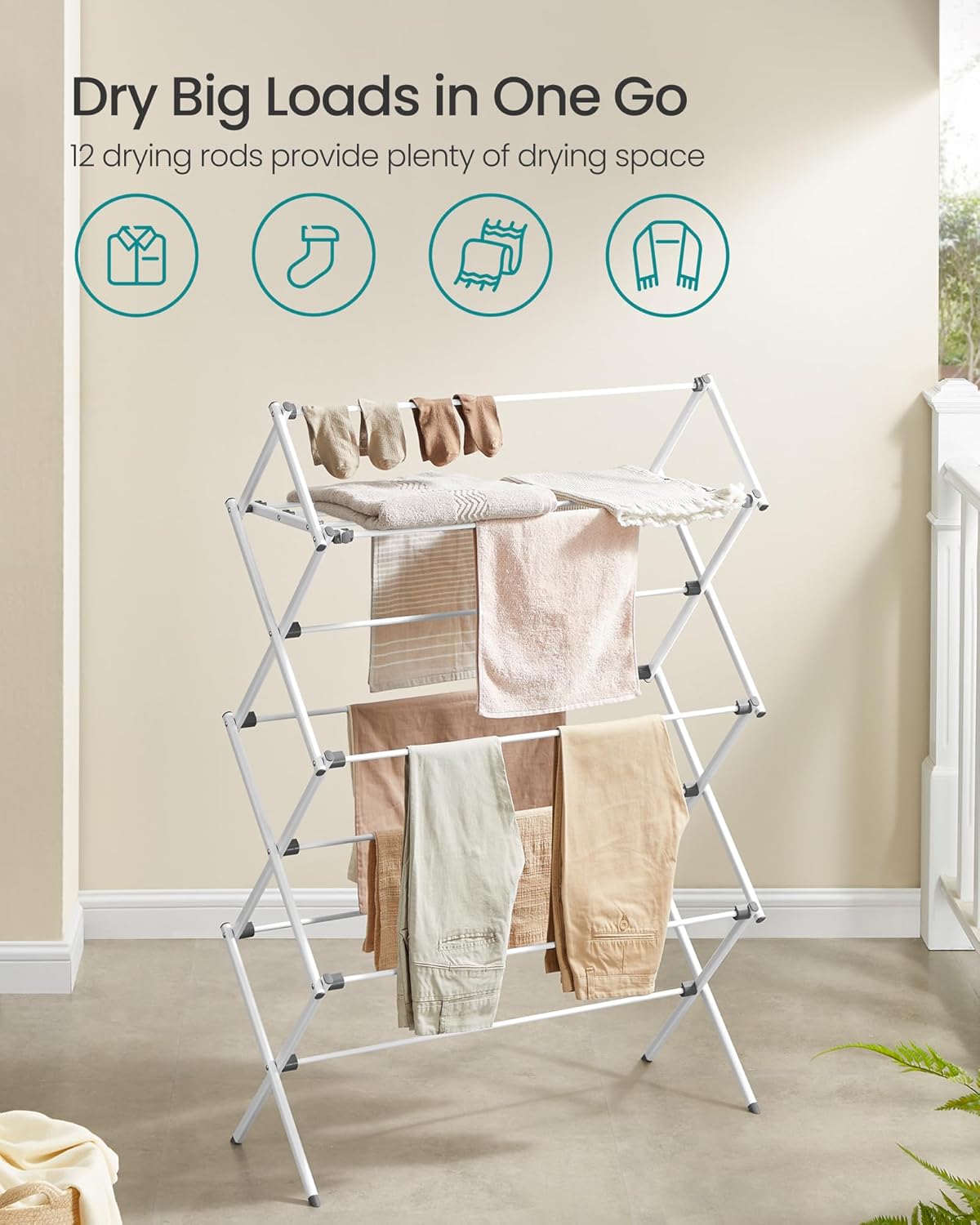SONGMICS Foldable Clothes Drying Rack, Laundry Drying Rack, Clothes Airer, Steel Frame, 14.6 x 36.6 x 53.2 Inches, Easy Assembly, Indoor Outdoor Use, Pearl White ULLR771W01