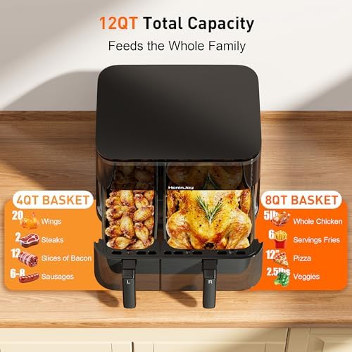 12QT Large Air Fryer with Dual Basket (4QT+8QT), 13-in-1 Digital Touchscreen Double Zone Air Fryers with 50pcs Paper Liners, Sync & Dual, for Bake, Roast, Shake Reminder, Dishwasher Safe