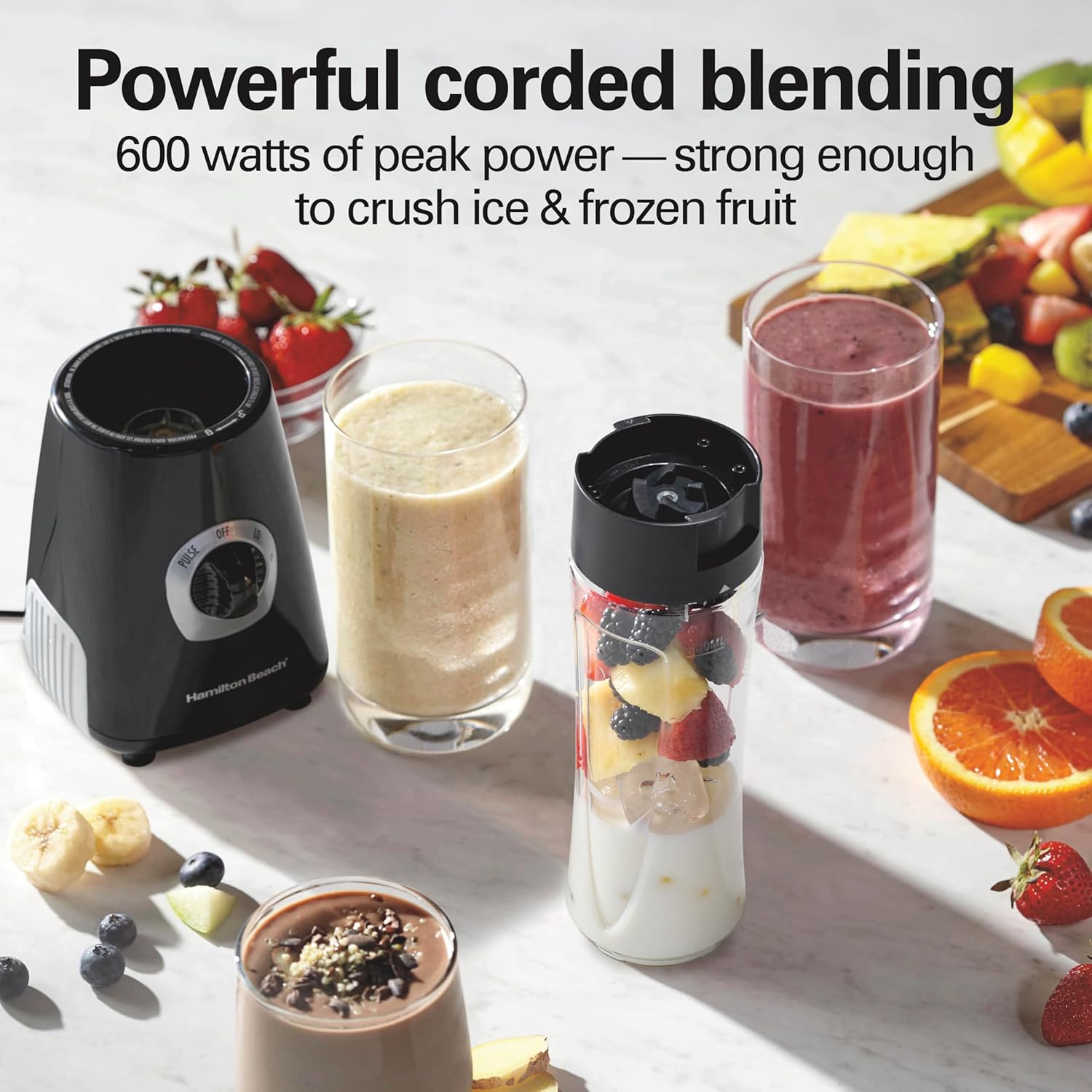 Hamilton Beach Go Sport Portable Blender For Smoothies With 20 Oz. Blend-In Personal Travel Jar, 600 Watt Motor And Stainless Steel Blades For Powerful Blending Performance, Black (51143G)