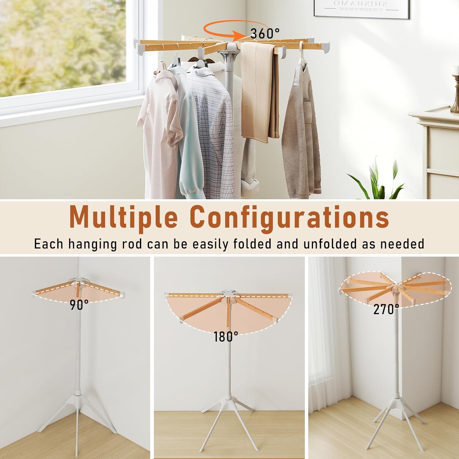 Giantex 4 Legs Clothes Drying Rack, Foldable Laundry Drying Rack with 8 Bamboo Hanging Rods, 40 Hanger Slots and Heavy-Duty Metal Frame, Collapsible Space-Saving Octopus Airer for Indoor Use