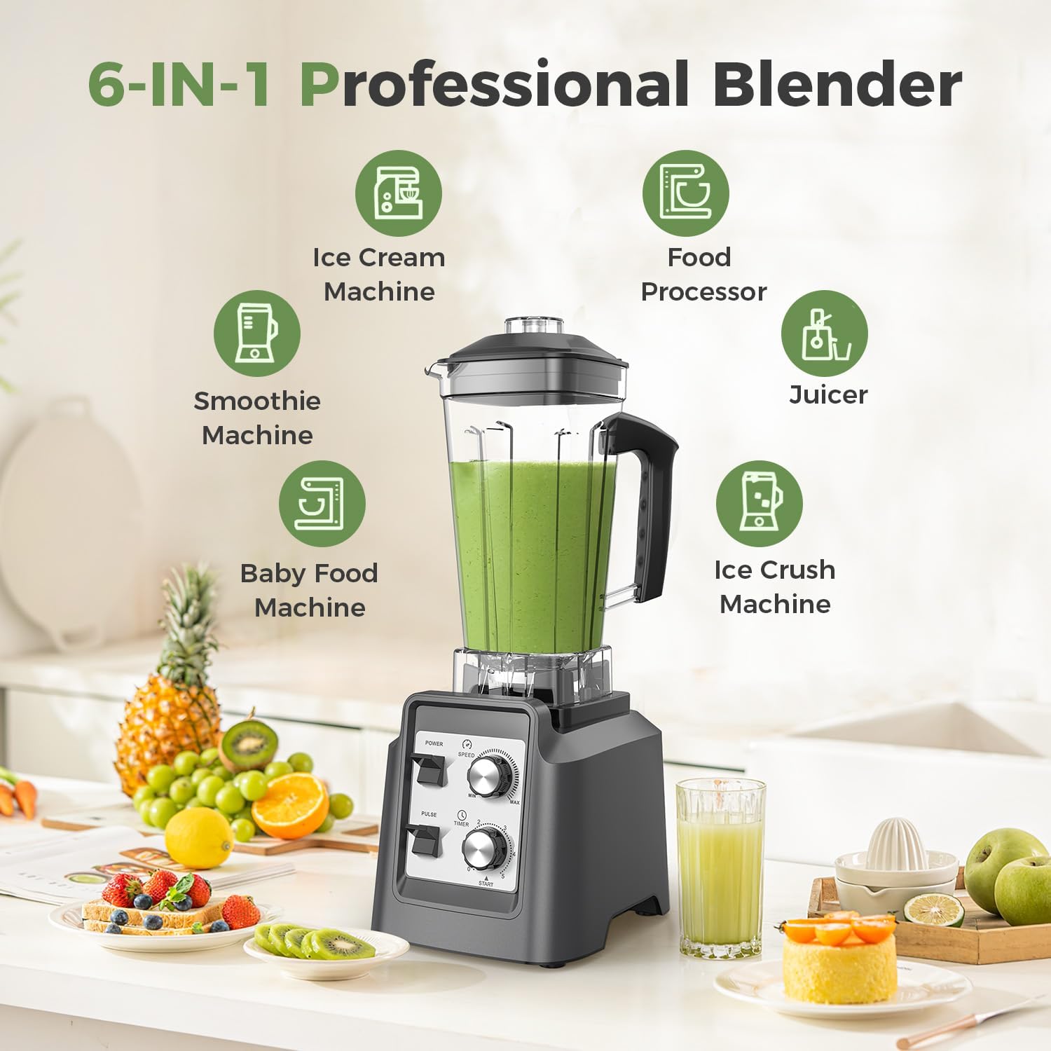 Blenders for Kitchen, Smoothie Blender with Timer - Countertop Blenders with 68oz Dishwasher-Safe Pitcher, Ice Crushing & Frozen Fruit, Silver