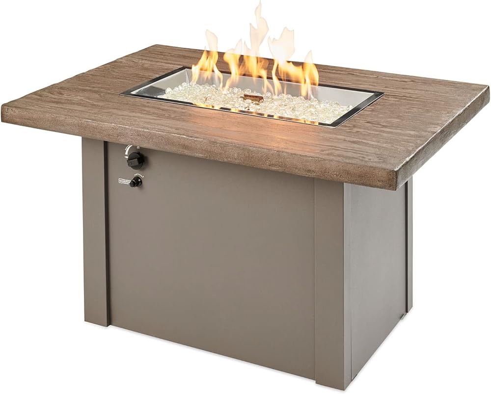 Outdoor GreatRoom Co Propane Fire Pit Table - Havenwood Gas Fire Pits for Outside Patio - 44 Inch Rectangular Driftwood Concrete Firepit Fire Table, Glass Tabletop Cover, Grey Metal Base, 55,000 BTU