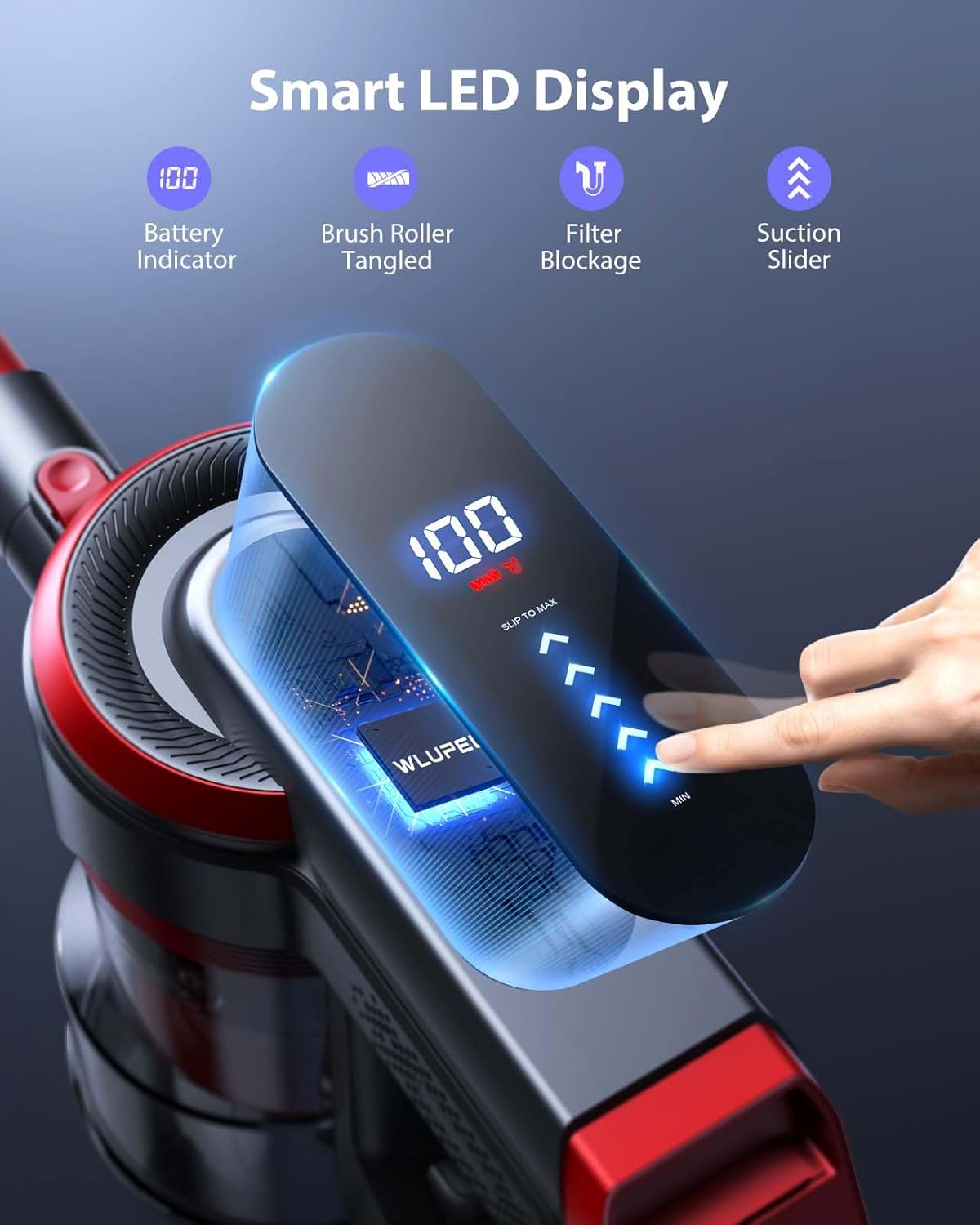 WLUPEL Cordless Vacuum Cleaner, 450W 38Kpa Powerful Stick Vacuum with 55min Detachable Battery, Vacuum Cleaners with Touch Display, Red, H8S Pro