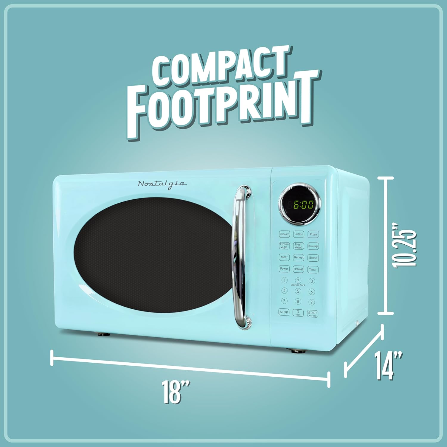 Nostalgia Retro Microwave Oven - 0.7 Cu Ft, 700-Watt Countertop Size with Glass Turntable, Child Safety Lock, 8 Auto-Cook Programs, Digital Clock - Aqua