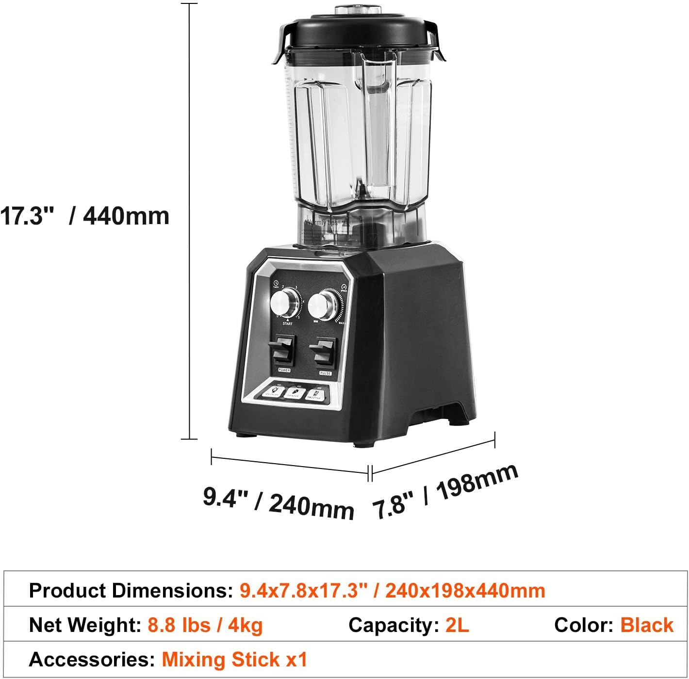 Happybuy Professional Blender, Commercial Countertop Blender with 68oz Plastic Jar, Stainless Steel, 3 Functions for Frozen Drinks, Shakes, Smoothies, Puree & Ice Crushing ，Black